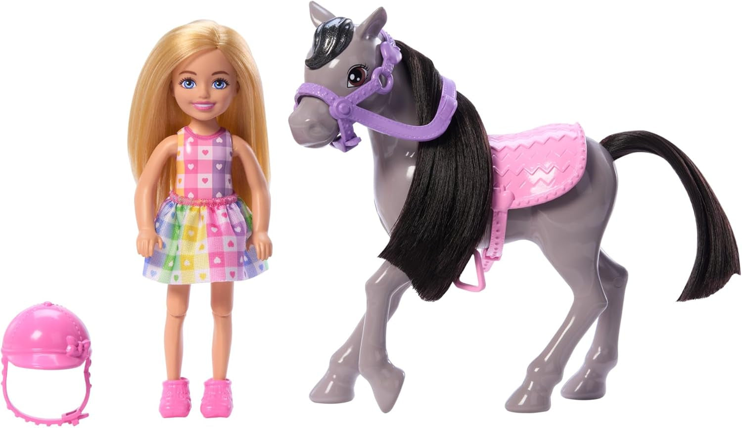 Barbie Chelsea i kucyk oraz kucyki – jeżdżą podczas zabawy, aby bezpiecznie usiąść na koniu, różowym siodle i kijkach, w zestawie kask i urocza sukienka w kratę, od 3 lat, lalki HTK29 Naty Shop