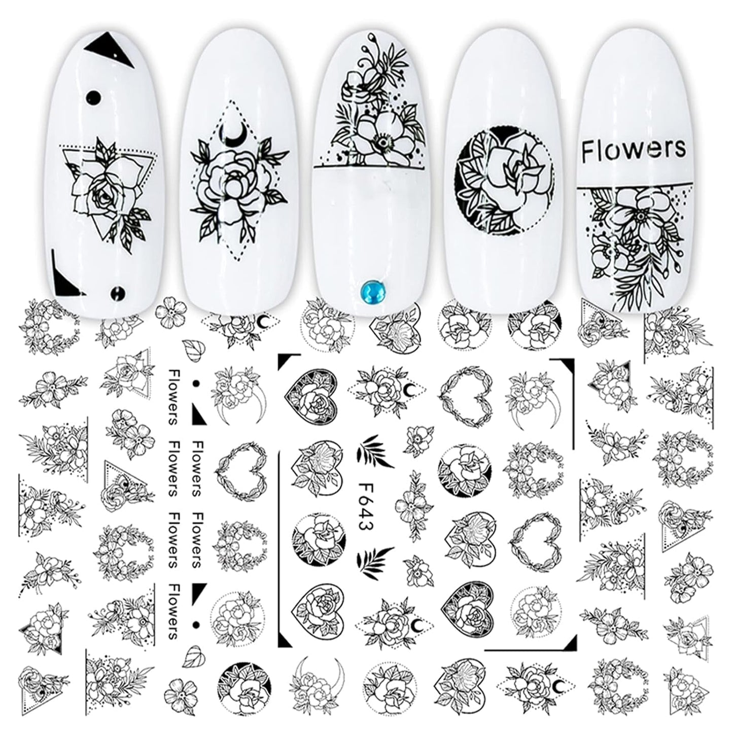 JMEOWIO Nagelsticker Geometria 10 Blatt Nagelaufkleber Selbstklebend Schwarzes Herz Unregelmäßig Geformt Nail Art Naklejka Dekoracja Nageldesign Zubehör