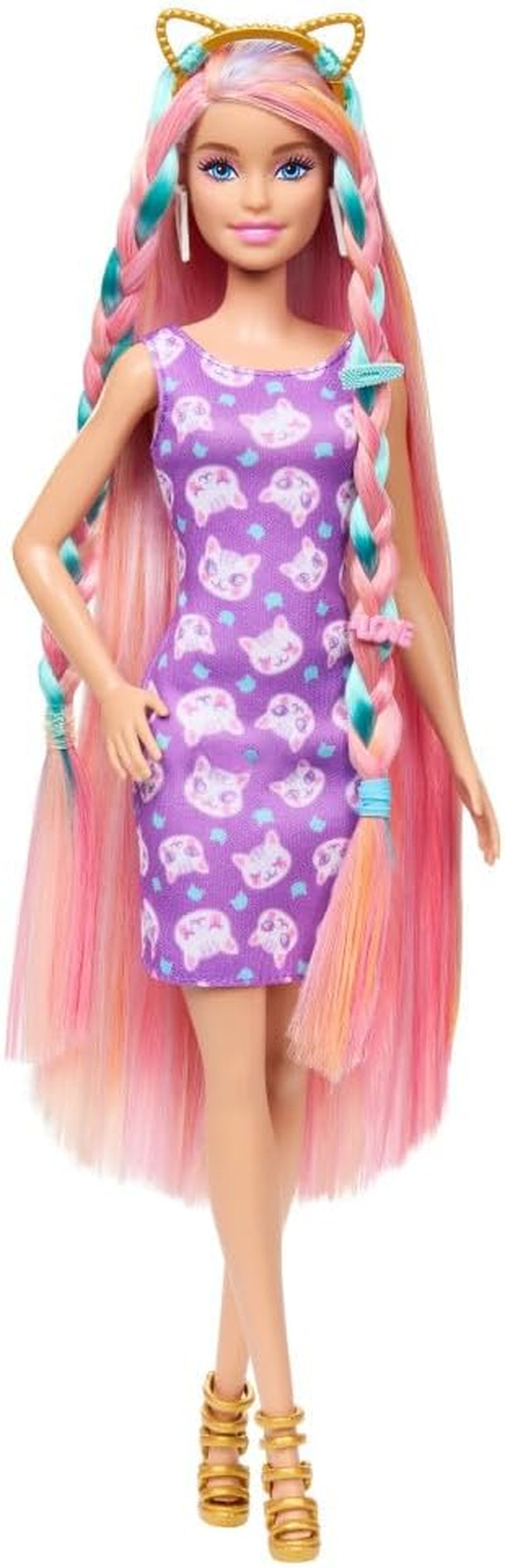 Barbie Totally Hair — lalka z łatwymi do ułożenia, wyjątkowo długimi tęczowymi włosami i 10 dodatkami do mody i stylizacji, sukienka w kropki z blokami kolorów, dla dzieci w wieku od 3 lat, HKT96