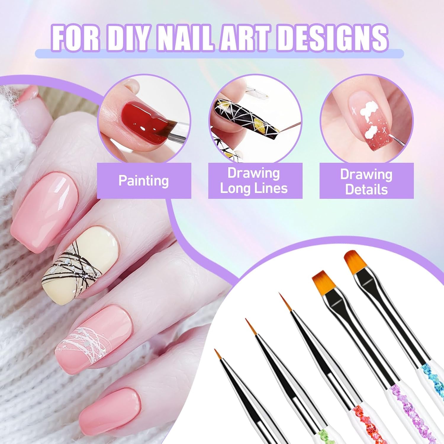 Sularpek 6 Stück Nagel Pinsel, Nail Art Pinsel, Pinsel Nageldesign, Nagel Pinsel Set, Nail Art Dotting Tools Mit 1 Gąbkowy aplikator w pędzelku, Nageldesign Zubehör Für DIY Nail Art Design