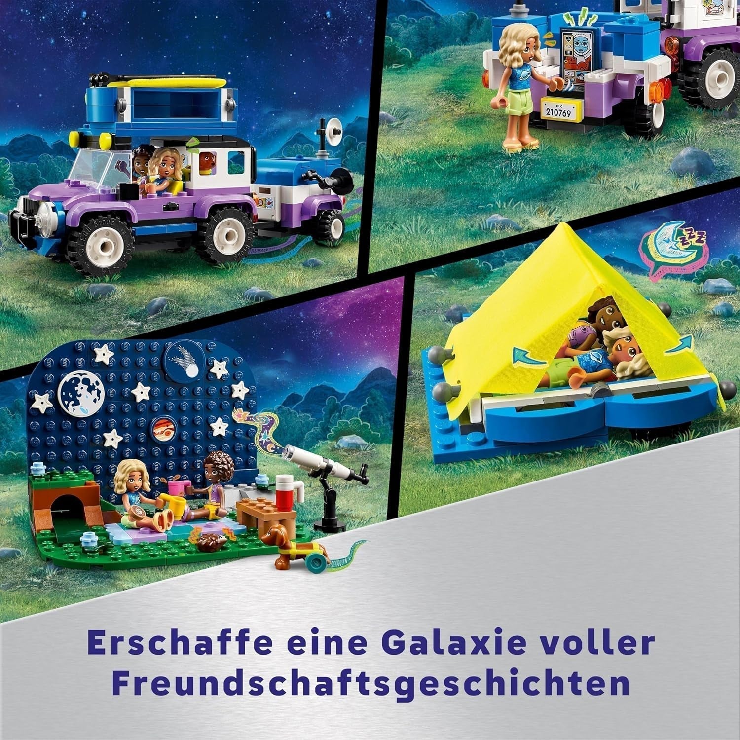 Zestaw pojazdów kempingowych LEGO Friends Stargazer z pojazdem terenowym i zabawkowym teleskopem, prezent dla dziewcząt i chłopców od 7 lat, zawiera figurki Nova, Aliya i psa 42603 Zestawy do budowania Besuche den LEGO-Store