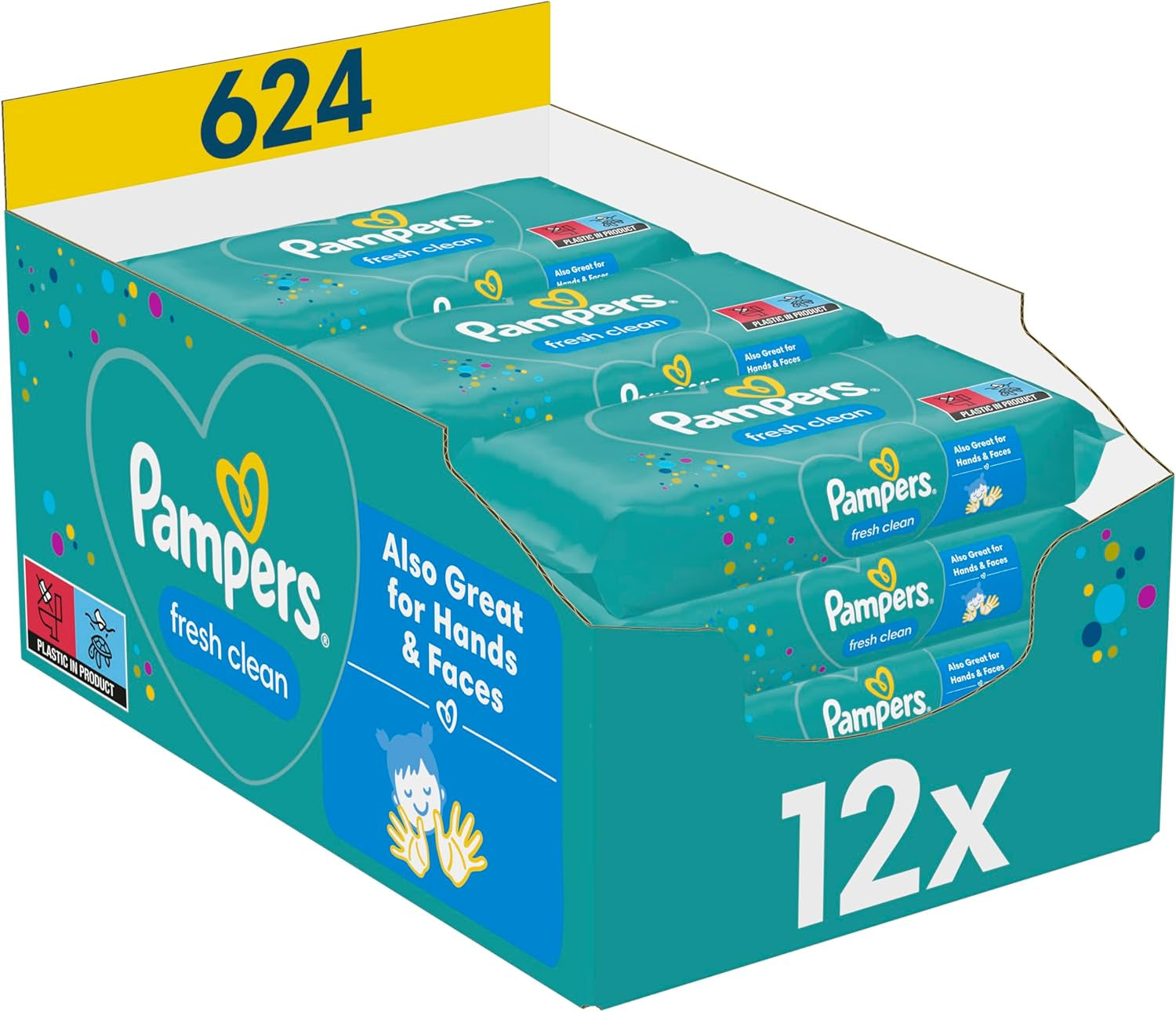 Chusteczki nawilżane Pampers Fresh Clean, 12 opakowań po 52 chusteczki, łącznie 624 chusteczki, lekki zapach, odpowiednie również do rąk i twarzy