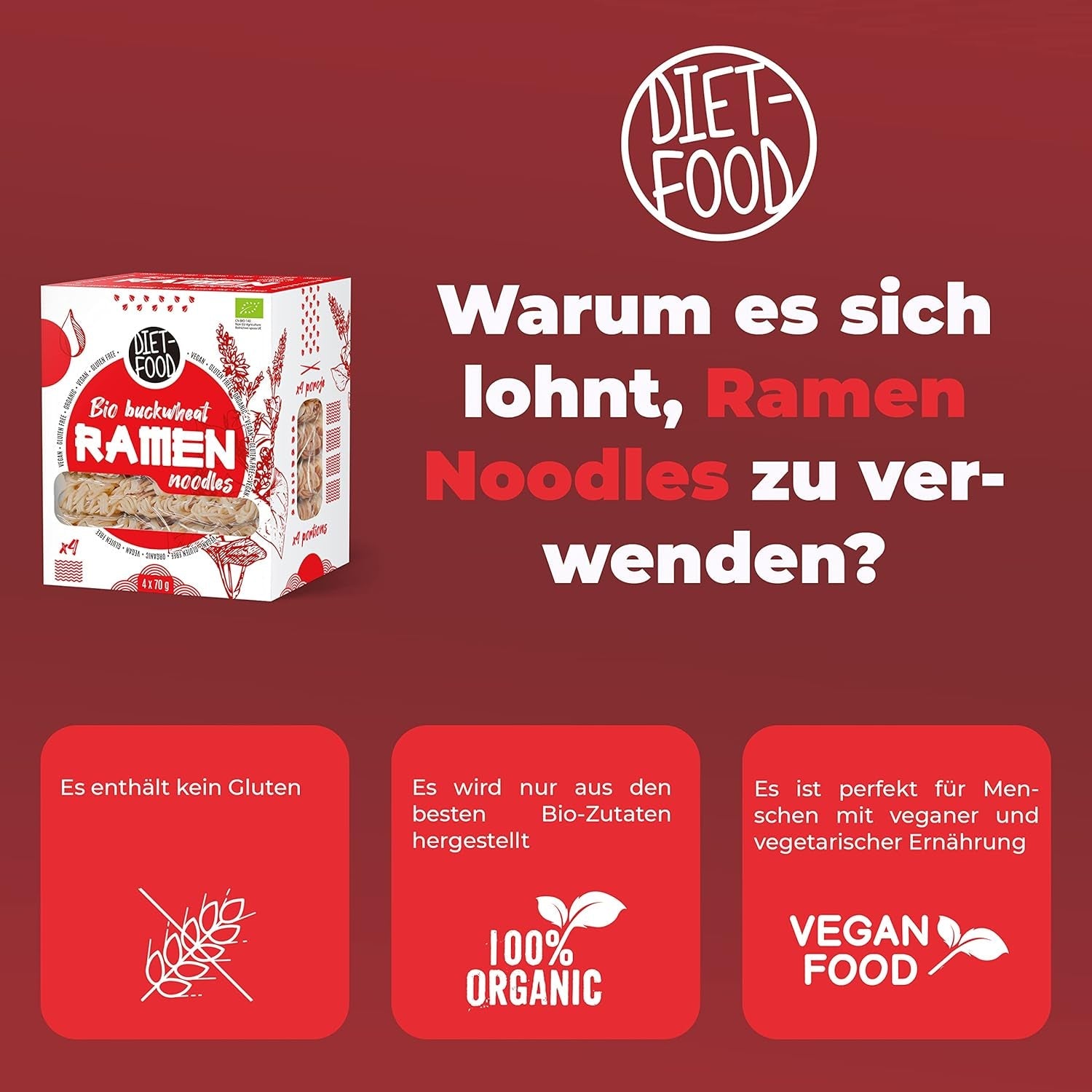 DIET-FOOD Organiczny makaron ramen gryczany, żywność wegetariańska i wegańska, bez tłuszczu, bez soi, bez glutenu, dietetyczny makaron rozpuszczalny w wodzie, niskokaloryczny, 280g