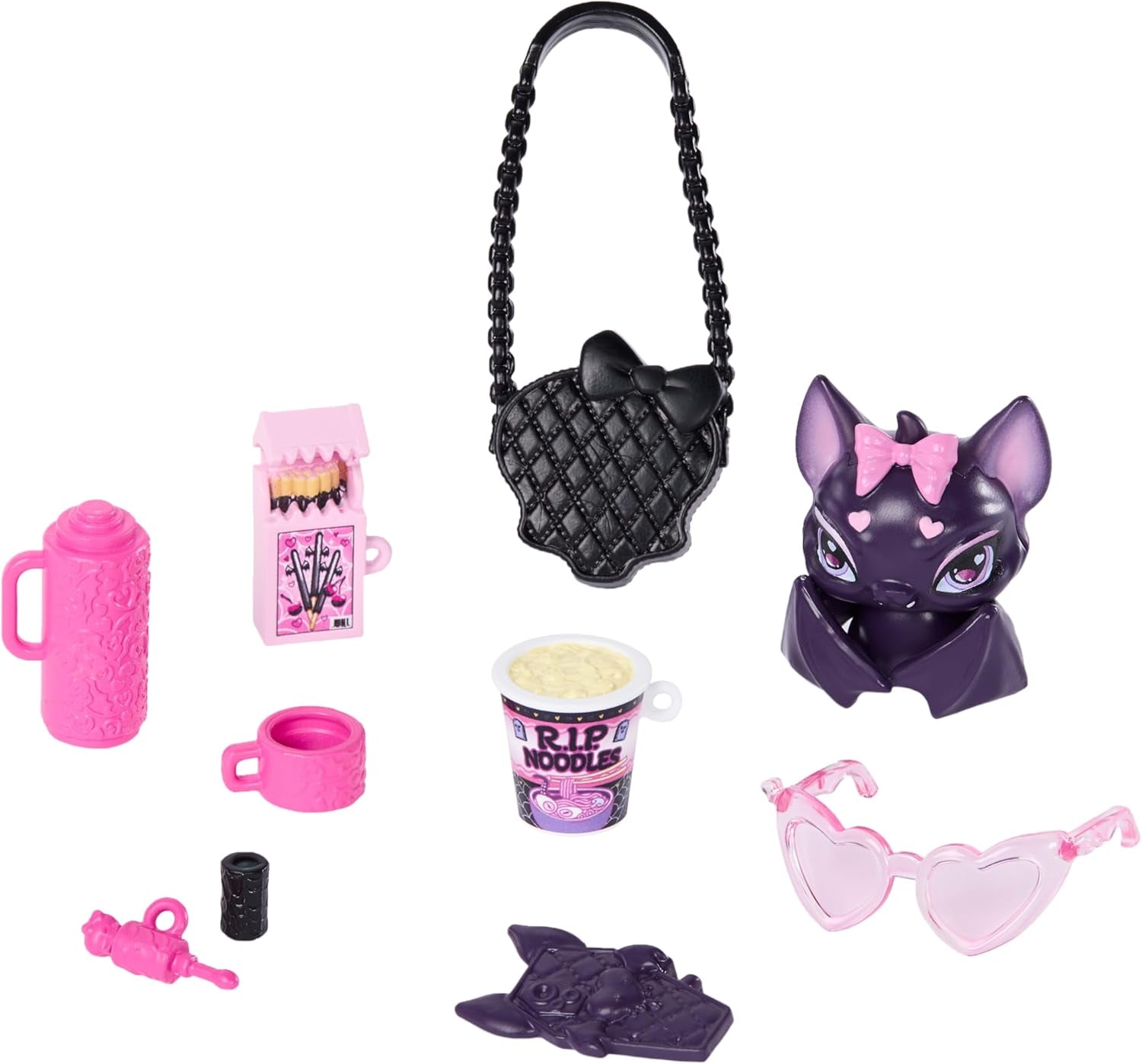 Lalka Monster High Draculaura w różowej sukience z kokardkami i czarnym kardiganie z bajecznym nietoperzem hrabią i 7 akcesoriami, w tym ramenem, szminką i torebką, JHK29