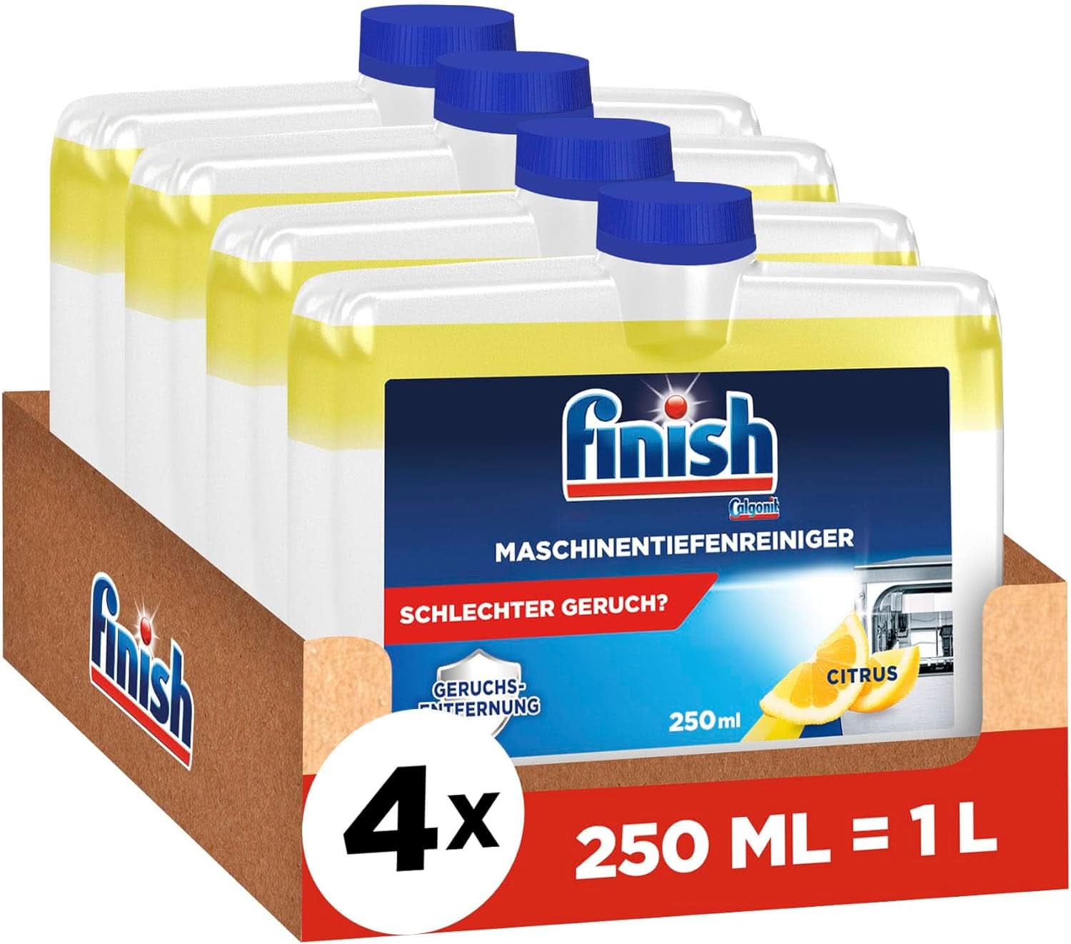 Finish Deep Machine Cleaner Citrus - płynny środek do czyszczenia maszyn przeciw osadom z kamienia i tłuszczu zapewniający czystą zmywarkę - pakiet ekonomiczny Naty Shop Zestaw 4 x 250 ml