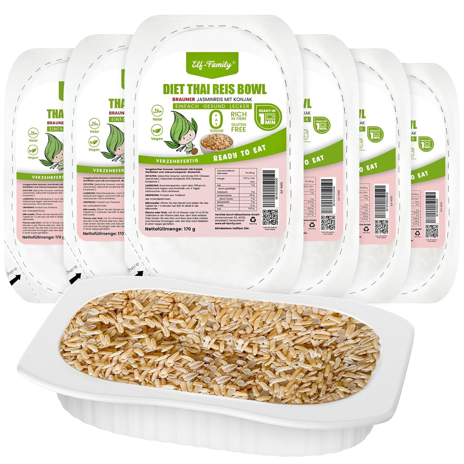 Rodzina Elfów Konjak Reis Thai Brauner Shirataki Bowl - [Diätbox für 1 Wo.] - Instant Jasmin Reis - Fertiggerichte für Mikrowelle - Natürlich Superfoods Mikronährstoffe - Vegan/Low Carb/Fettfrei - 6er Box