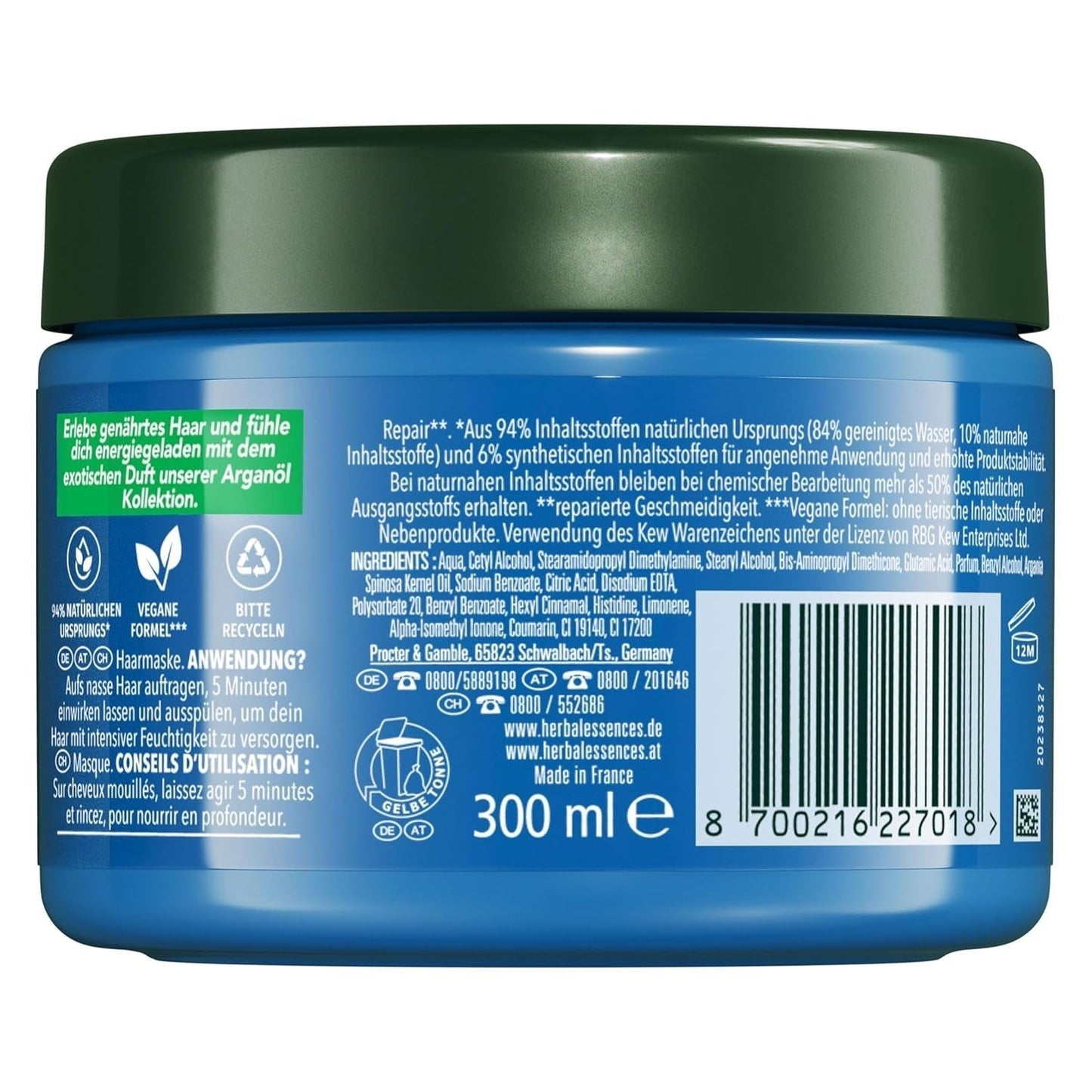 Herbal Essences Maska naprawcza do włosów z olejkiem arganowym 300ml. Od zniszczonych włosów po gładsze i bardziej błyszczące. Intensywna terapia. Ze składnikami naturalnego pochodzenia. Wegańska maska do włosów Naty Shop