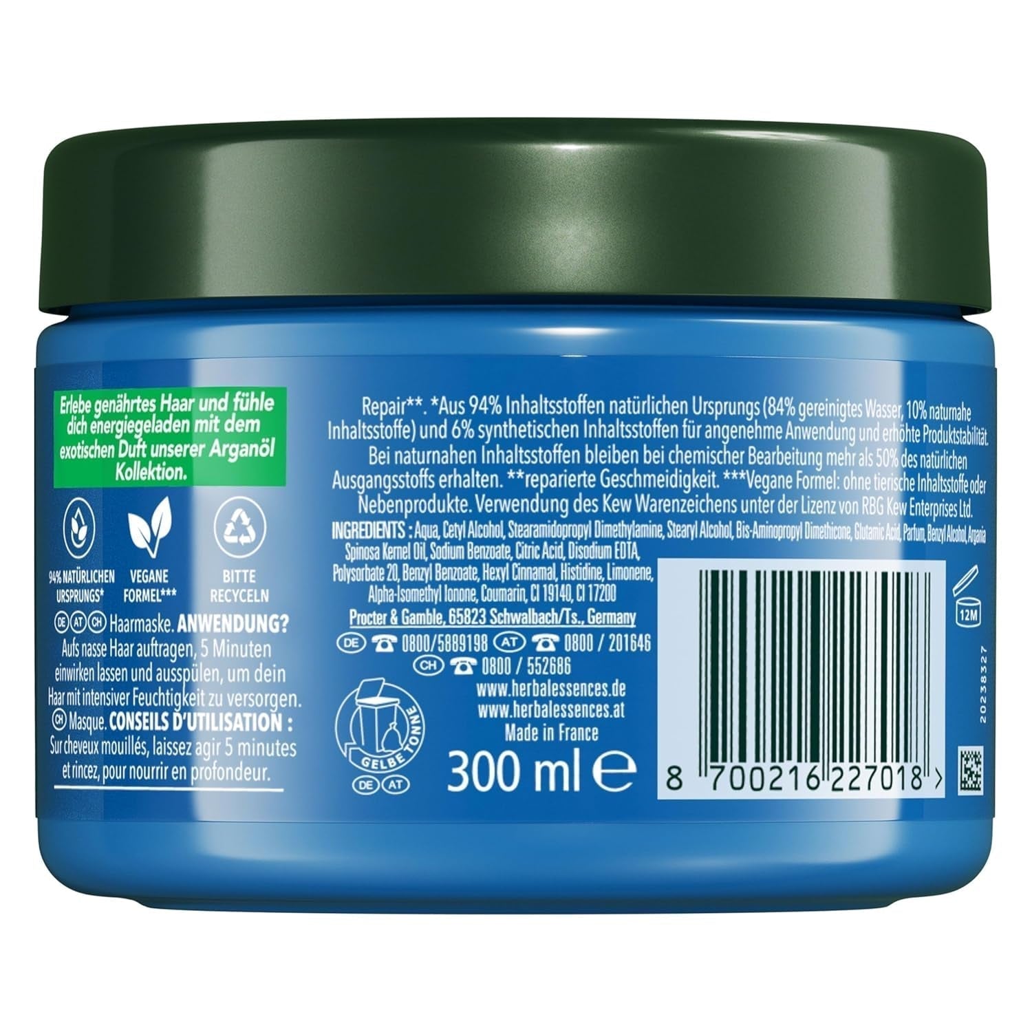 Herbal Essences Maska naprawcza do włosów z olejkiem arganowym 300ml. Od zniszczonych włosów po gładsze i bardziej błyszczące. Intensywna terapia. Ze składnikami naturalnego pochodzenia. Wegańska maska do włosów Naty Shop