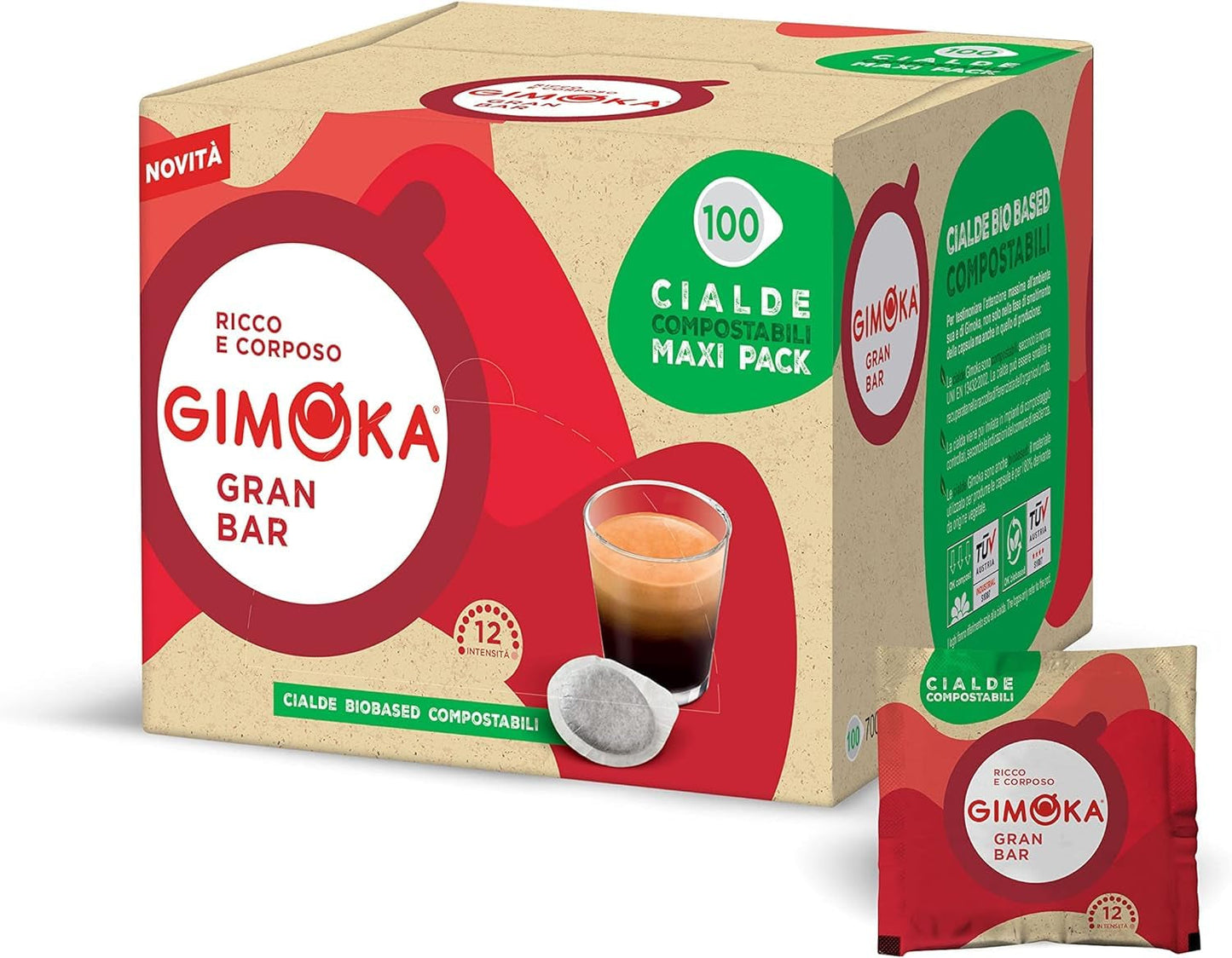 Gimoka Kompostierbare Kaffeepads, Gran Bar Intenso Kaffeemischung, Intensität 12-100 Pads - Kompatybilne z papierowymi podkładkami ESE System 44 mm