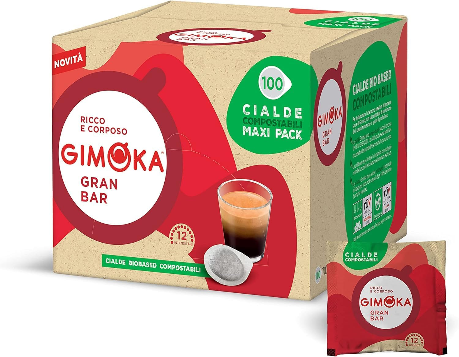 Gimoka Kompostierbare Kaffeepads, Gran Bar Intenso Kaffeemischung, Intensität 12-100 Pads - Kompatybilne z papierowymi podkładkami ESE System 44 mm