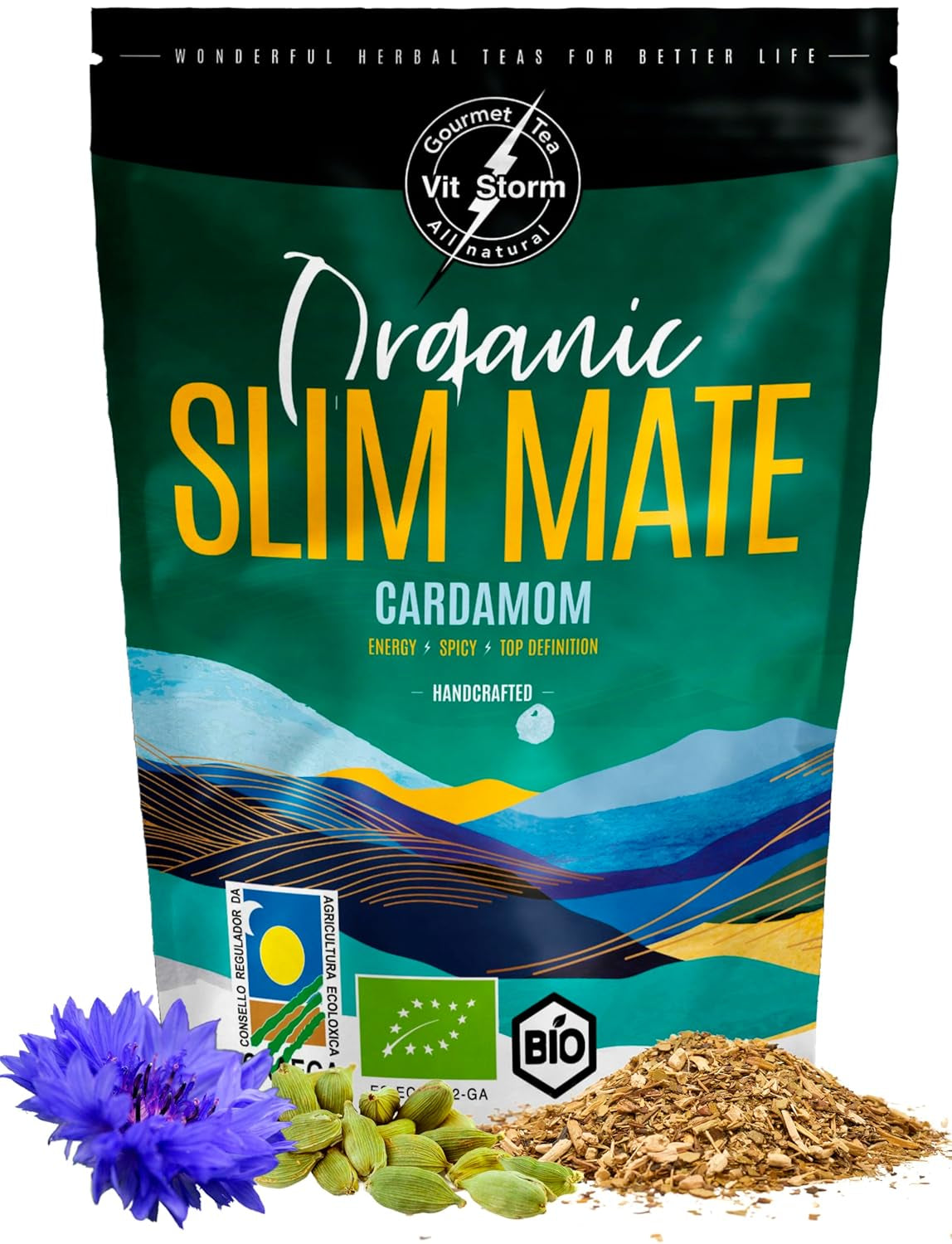 VITSTORM® Slim Tea Kardamon – BIO Herbata Yerba Mate – Herbata oczyszczająca i moczopędna – 100G