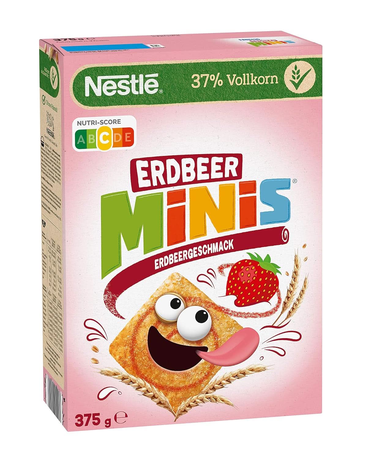 NESTLE Strawberry Minis, płatki zbożowe o smaku truskawkowym z mąką razową, zestaw 7 x 375 gramów Zboża Naty Shop
