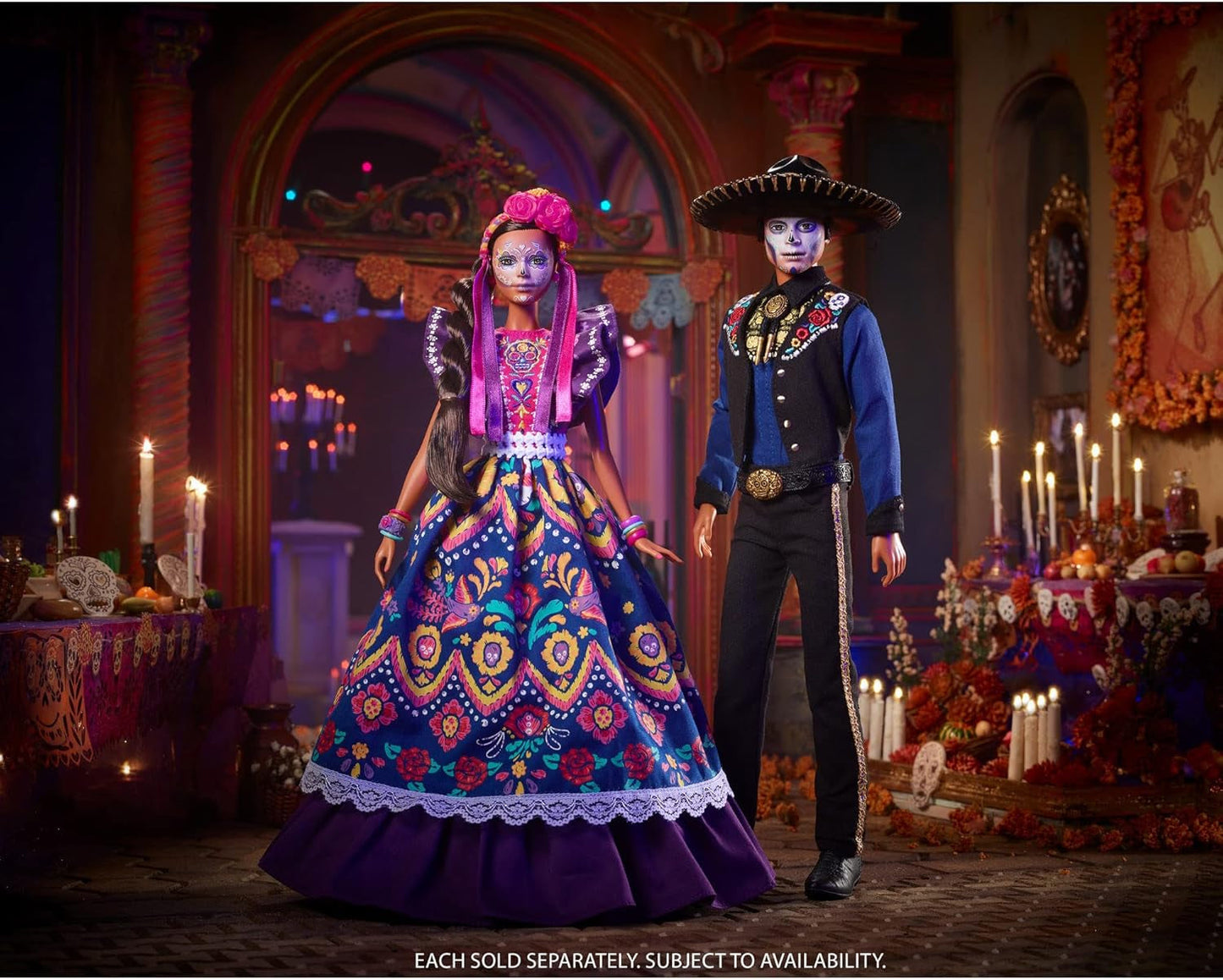 2022 Día De Muertos Lalka Barbie z marszczoną tradycyjną sukienką, wieńcem kwiatowym i farbą do twarzy Calavera, prezent dla kolekcjonerów
