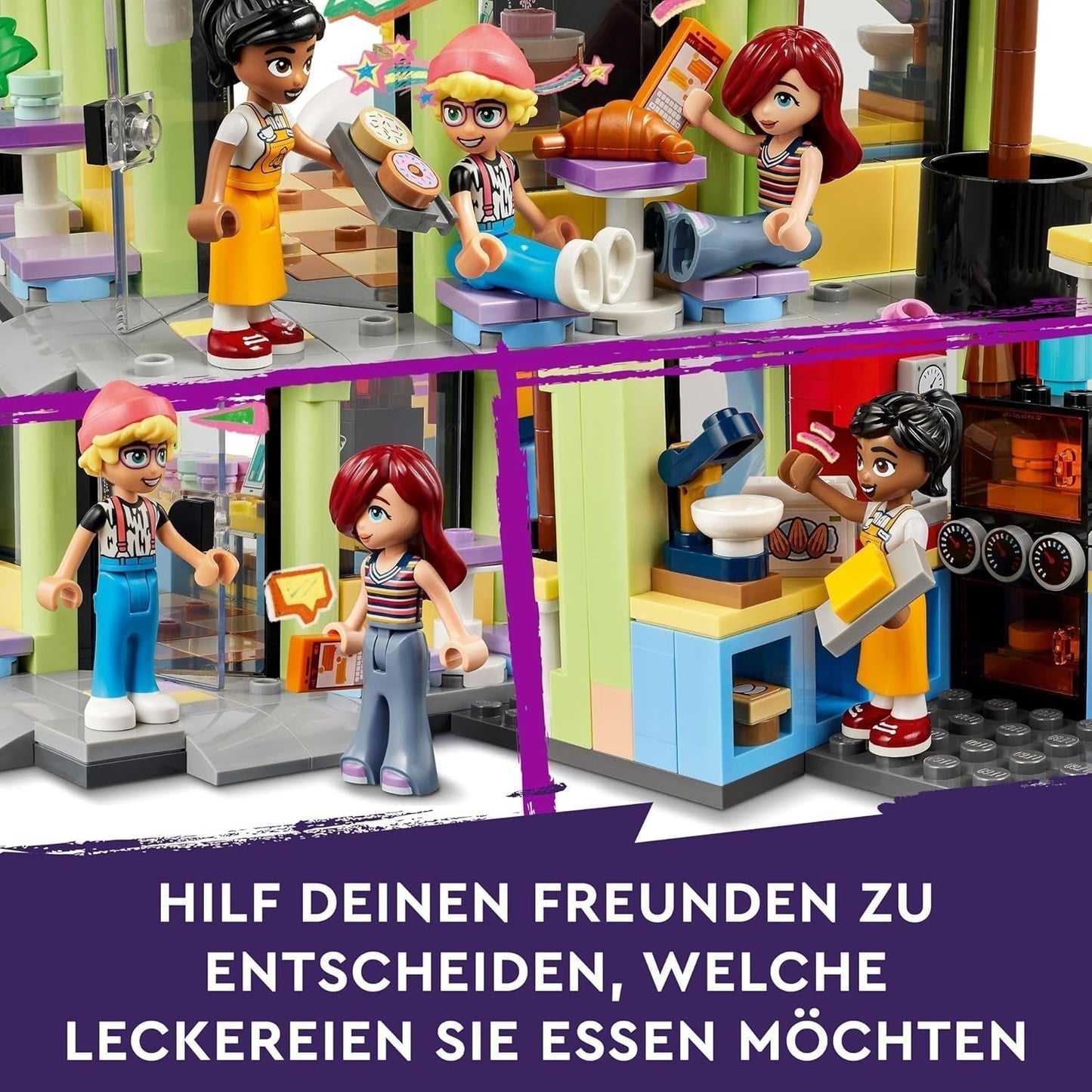 LEGO Friends Kawiarnia w Heartlake, zabawka dla dzieci, zabawkowa piekarnia, pomysł na prezent dla dziewcząt i chłopców w wieku od 6 lat, zestaw 3 figurek do zabawy i figurka psa 42618 Zestawy do budowania Besuche w sklepie LEGO