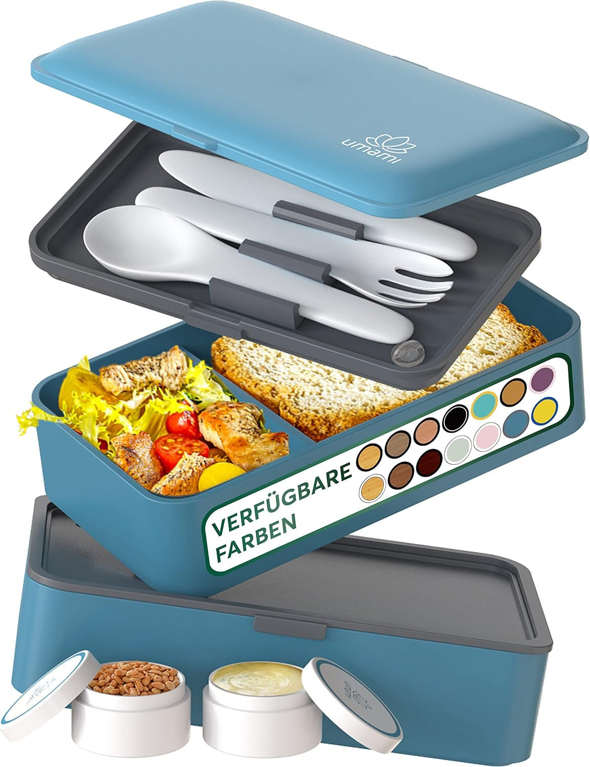 Pudełko na drugie śniadanie Umami dla dorosłych, Pudełko bento do układania w stosy z 4 sztućcami i przegródkami, Pudełko na drugie śniadanie dla dorosłych, Pojemnik na sałatkę na wynos, Pudełko na drugie śniadanie na piknik / do biura, Charcoal Grey, Pudełka do przechowywania żywności o pojemności 1500 ml Naty Shop Denim Blue L - 1200 ml