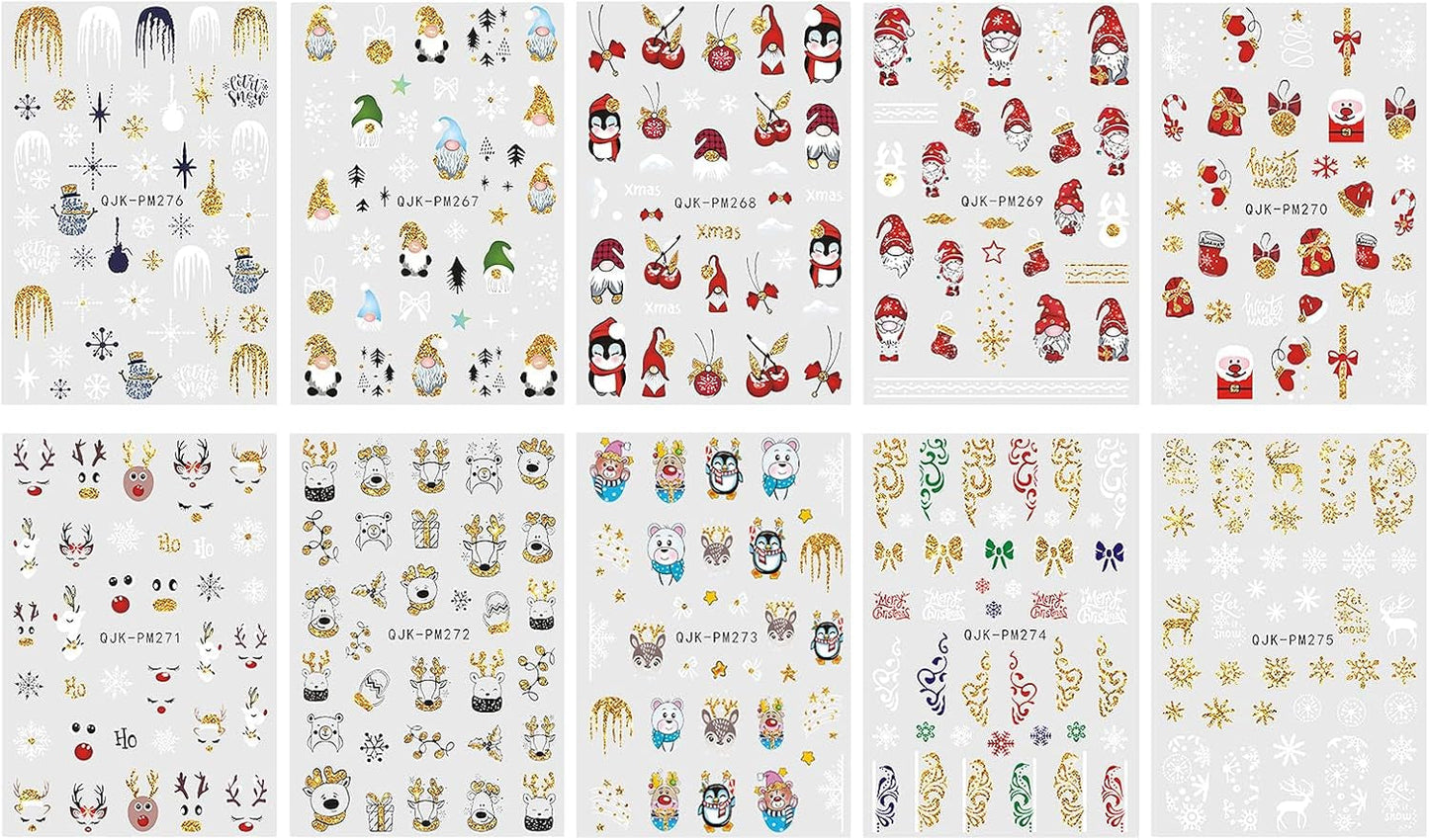 JMEOWIO Nagelsticker Weihnachten 10 Blatt Nail Art Naklejka Selbstklebend Nagelaufkleber Glitter Schneeflocke Xmas Winter Urlaub Gold Dekoration Nageldesign Zubehör