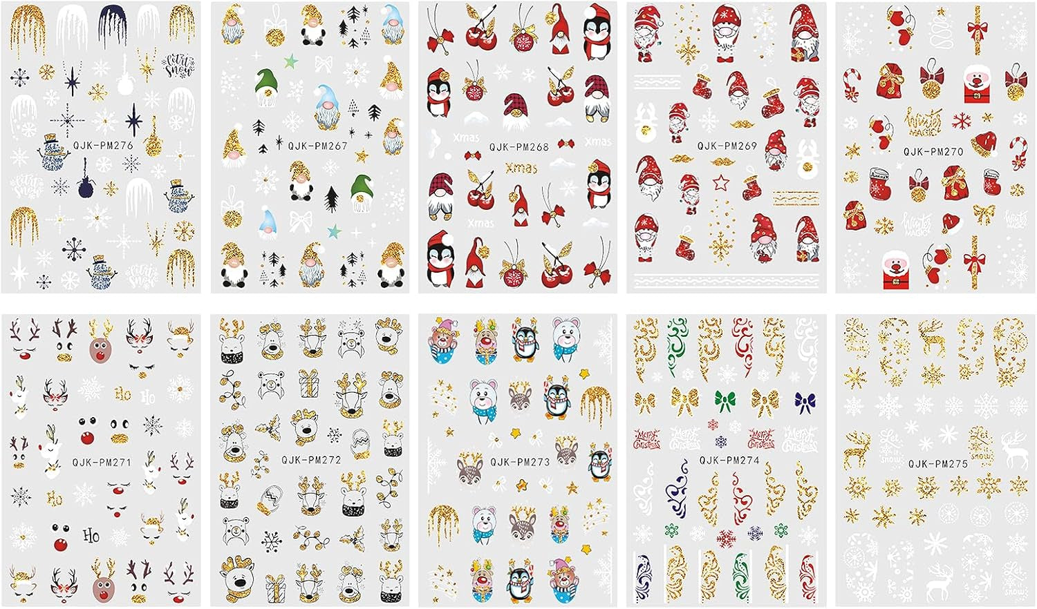 JMEOWIO Nagelsticker Weihnachten 10 Blatt Nail Art Naklejka Selbstklebend Nagelaufkleber Glitter Schneeflocke Xmas Winter Urlaub Gold Dekoration Nageldesign Zubehör