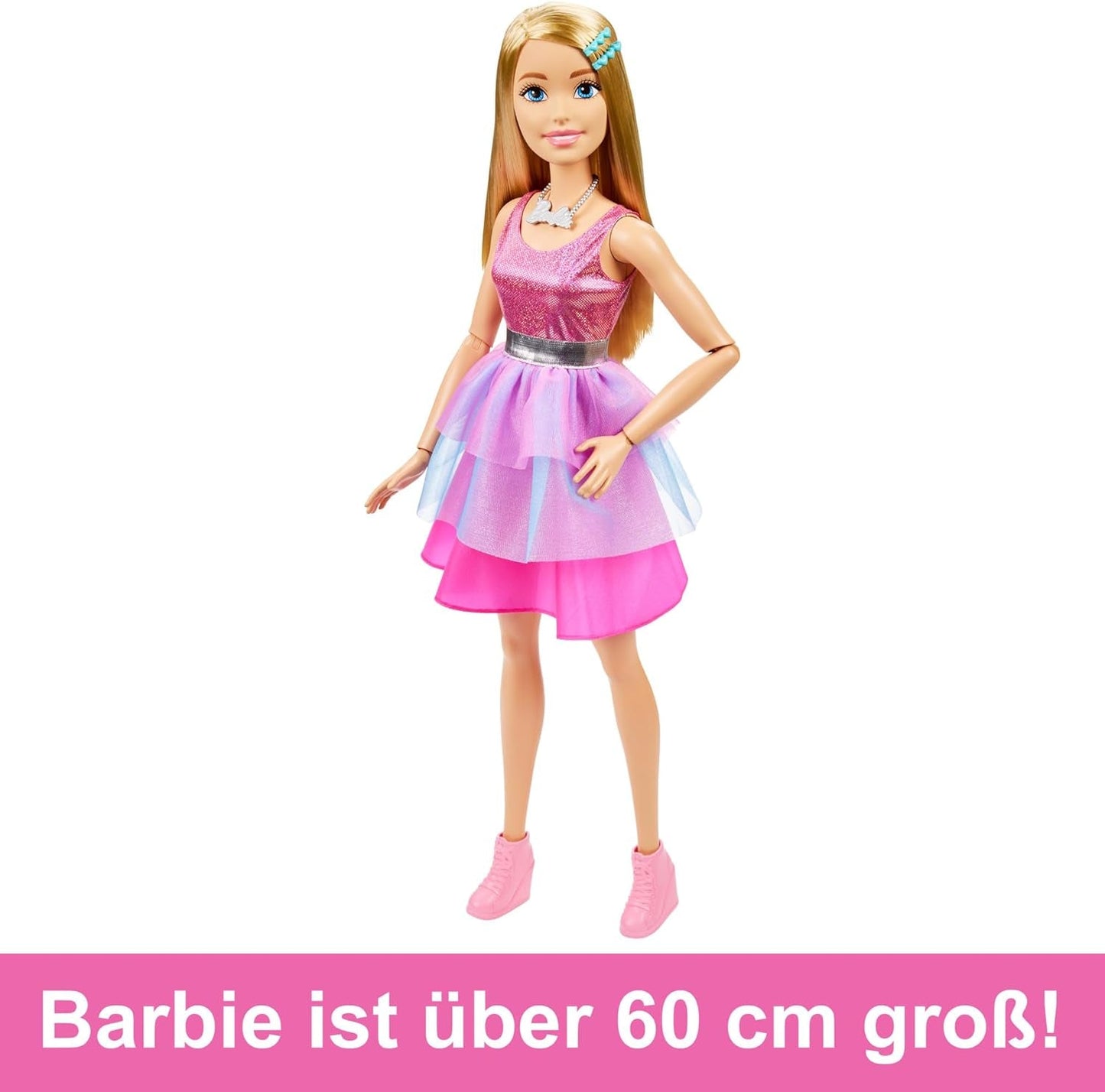 Lalka Barbie bardzo duża (71 cm) - różowa sukienka, blond włosy z klipsem i naszyjnikiem, prezent dla 3 lat i więcej, HJY02