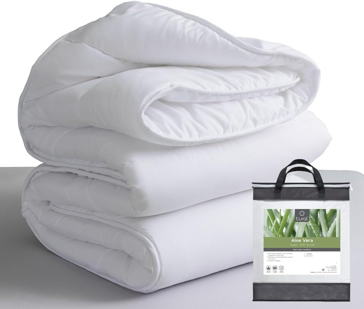 Tural - Kołdra 150 X 220 cm z obróbką Aloe Vera, wypełnienie z włókna 300 G/M², miękka, oddychająca, z certyfikatem Oeko-Tex (biała, łóżko 90 cm) Kołdry i kołdry Naty Shop 220X220