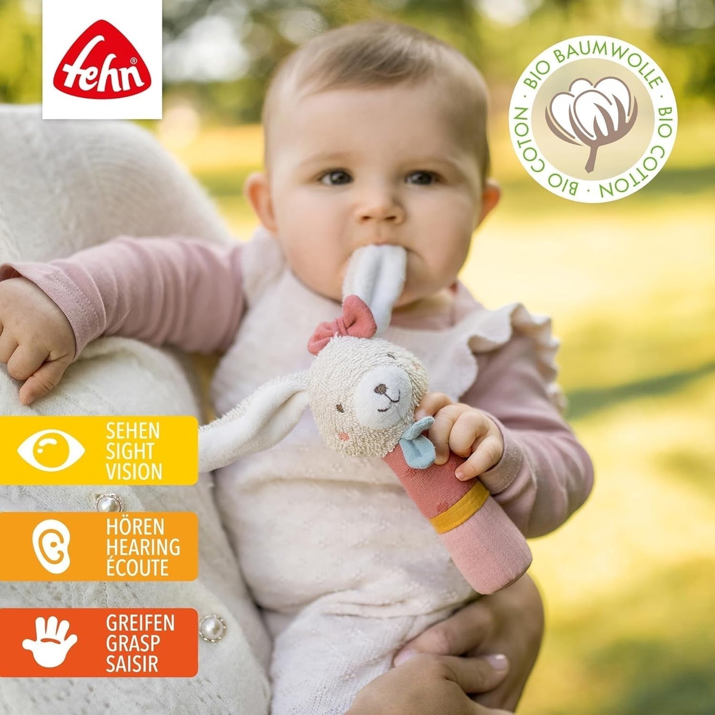 Zabawka z chwytakiem Fehn dla dzieci FehnNatur zabawka-królik - zabawka motoryczna z grzechotką do chwytania, przytulania - zabawka do chwytania z bawełny organicznej - zabawka dla niemowląt i małych dzieci od 0+ miesiąca Baby Toys Naty Shop