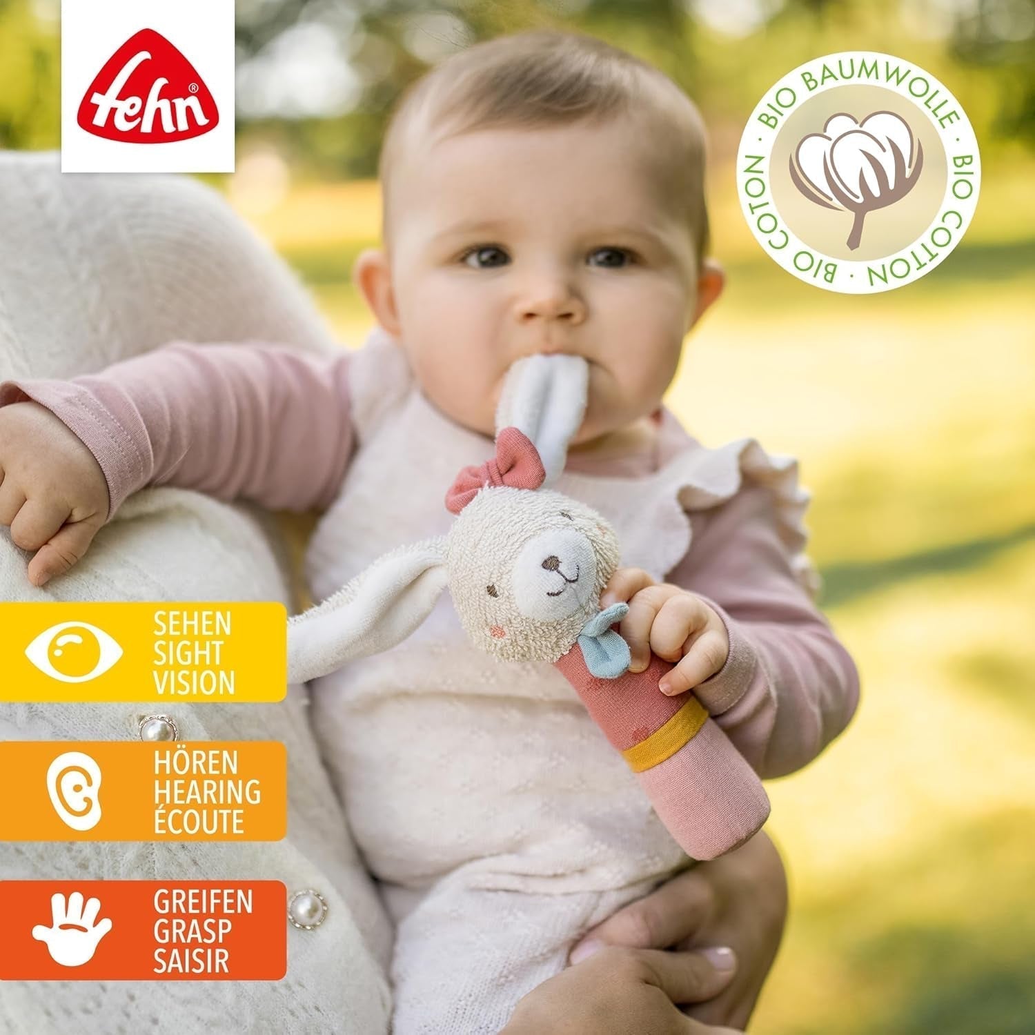 Zabawka z chwytakiem Fehn dla dzieci FehnNatur zabawka-królik - zabawka motoryczna z grzechotką do chwytania, przytulania - zabawka do chwytania z bawełny organicznej - zabawka dla niemowląt i małych dzieci od 0+ miesiąca Baby Toys Naty Shop