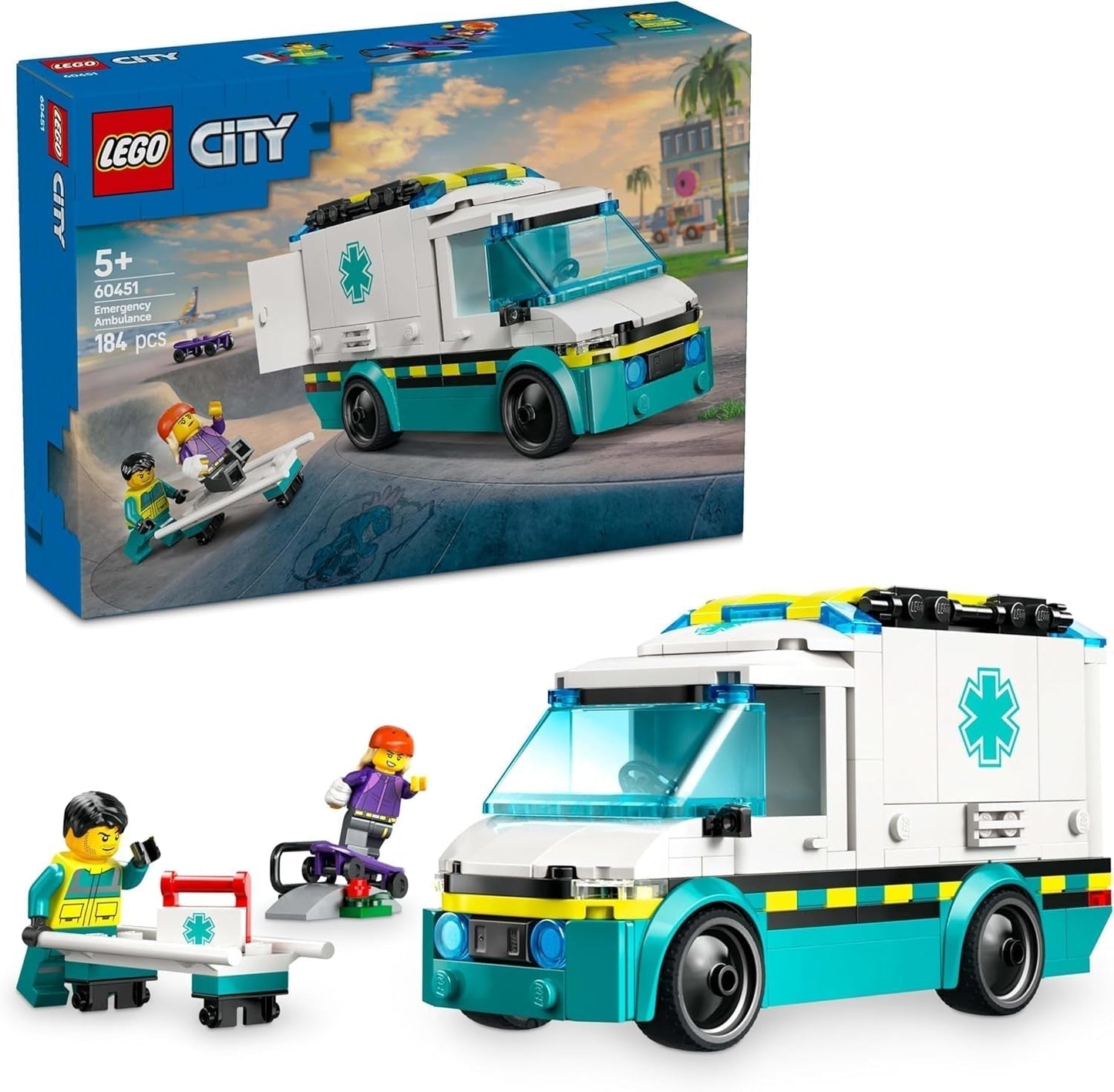 LEGO City Ambulans - zabawka z 2 minifigurkami ( deskorolkarz i kierowca) - zabawka edukacyjna dla chłopców i dziewcząt od 5 lat - pomysły na prezenty urodzinowe i świąteczne 60451 Zestawy do budowania Besuche den LEGO-Store Domyślny tytuł