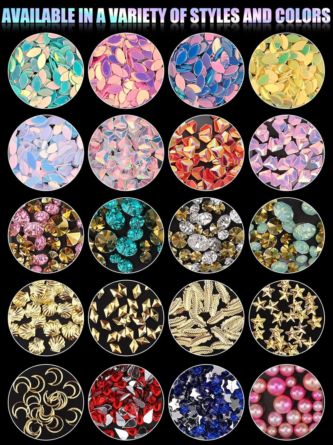 EBANKU Nail Art Strass Kit Multi Design Zubehör Mit 1 Pinzetten 1 Stück Wachsstifte Deko Diamanten Kristalle Perlen Edelsteine ​​​​Bunt Pferdeaugen Strass Metall Nieten Für Nagel DIY (1 Stück (opakowanie 10Er))