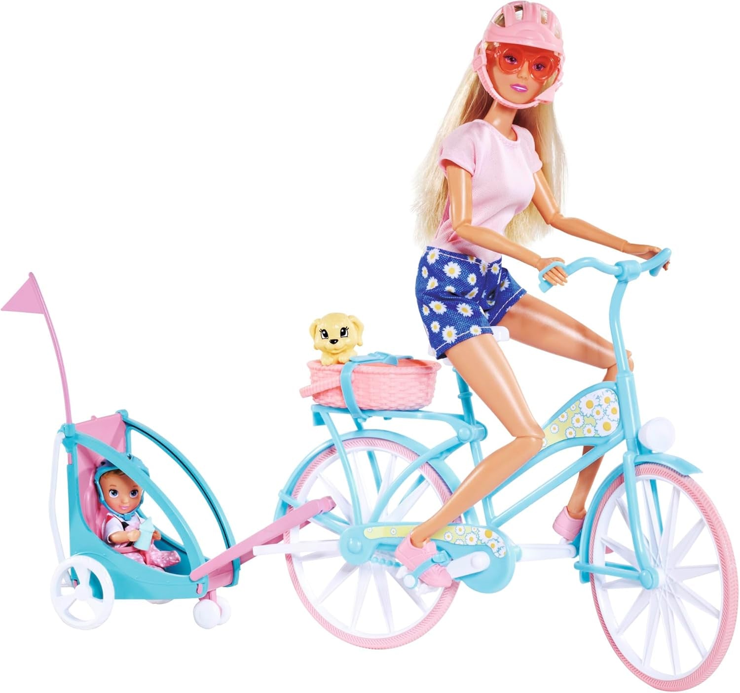 Przyczepka rowerowa Steffi Love, lalka na rowerze z przyczepką dla dziecka, psa i słuchawek, od 3 lat