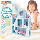 Drewniany domek dla lalek, drewniane zamki księżniczek, domy dla lalek, 3 piętra, zamki księżniczek, 9 drewnianych elementów, 37x15x53,5 cm, drewniana zabawka, wiek 3+