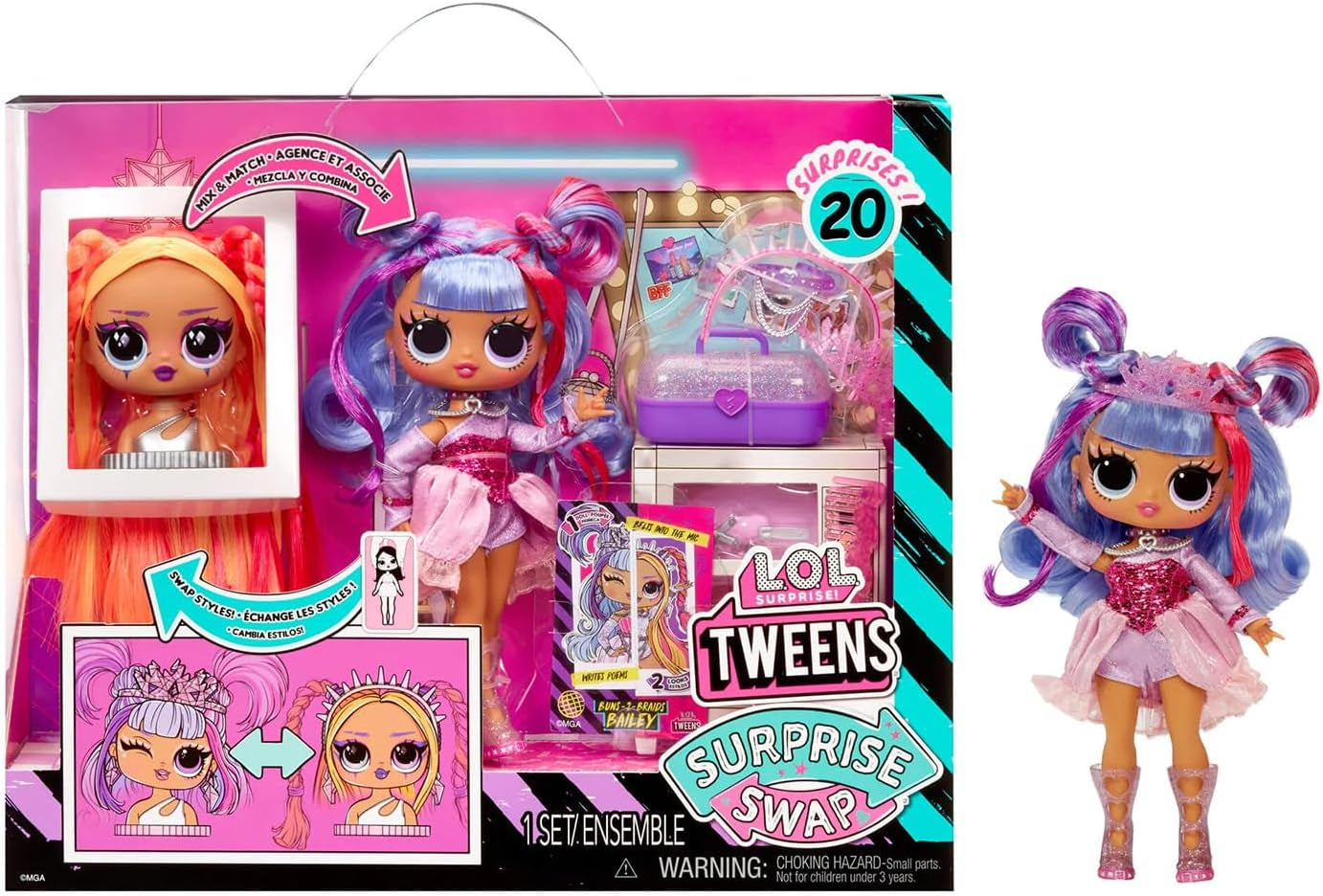 LOL Surprise Tweens Surprise Swap Series - Buns-2-Braids Bailey - Modna lalka z ponad 20 niespodziankami, w tym głową do stylizacji oraz fantastycznymi akcesoriami i strojami - dla dzieci w wieku od 4 lat