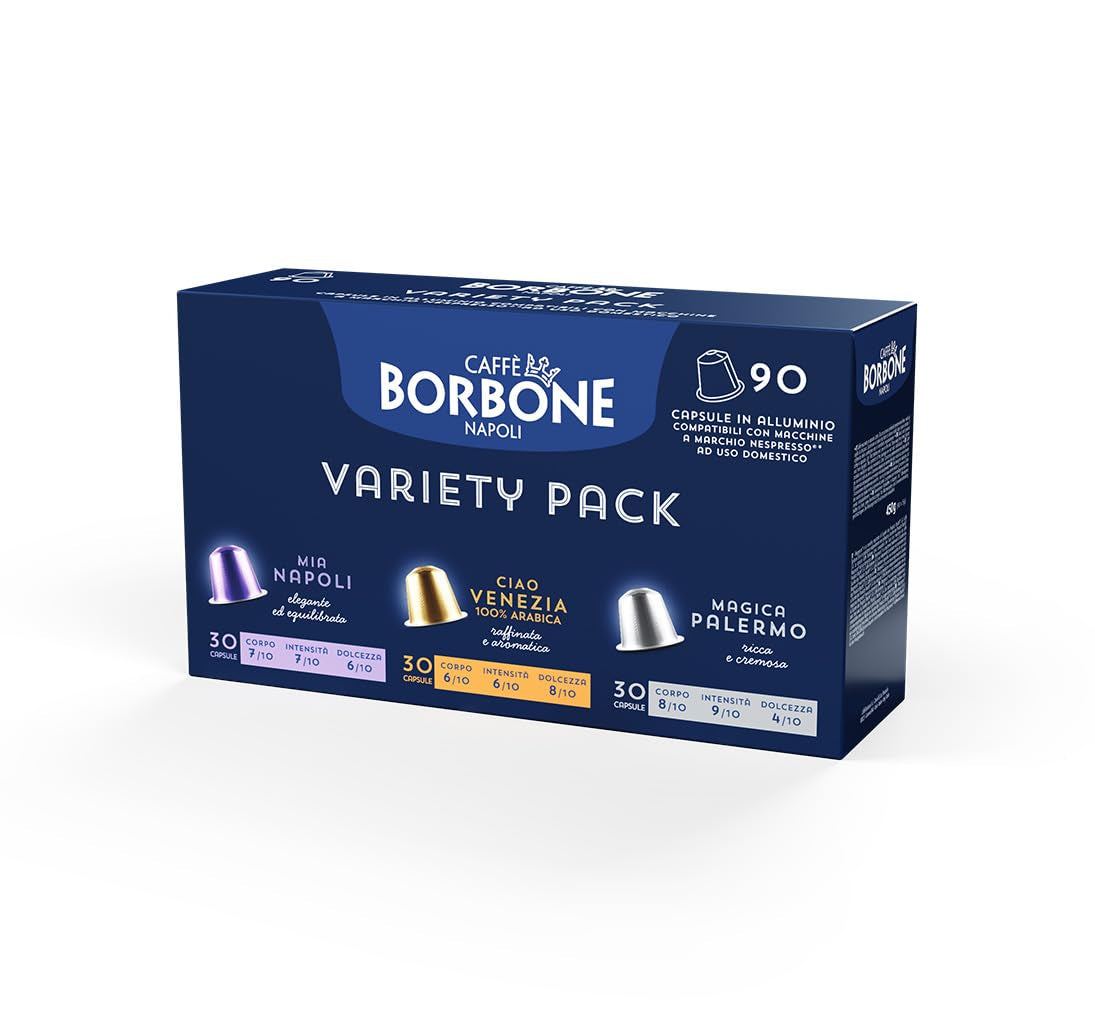 Zestaw Caffè Borbone Verkostung, 90 kapsułek aluminiowych: 30 Mia Napoli, 30 Ciao Venezia, 30 Magica Palermo, (3 x 30 Stück) – Kompatybilny z Kaffeemaschinen für den Hausgebrauch marki Nespresso®*