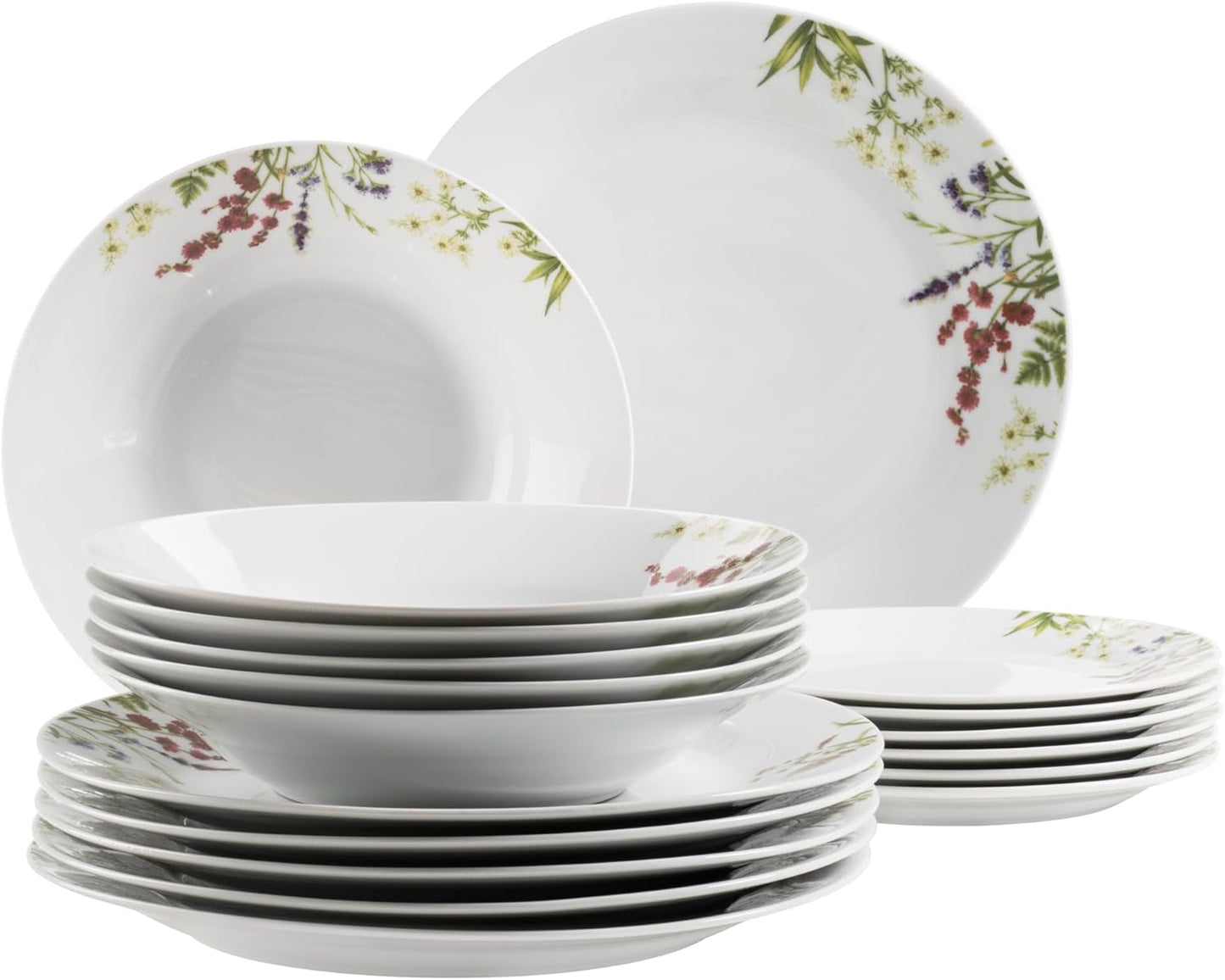 Mäser Herbal Garden 4-osobowy 18-częściowy, szczegółowy zestaw obiadowy w kwiaty, zawierający talerze obiadowe, talerze do zupy i talerze deserowe, porcelana, biały