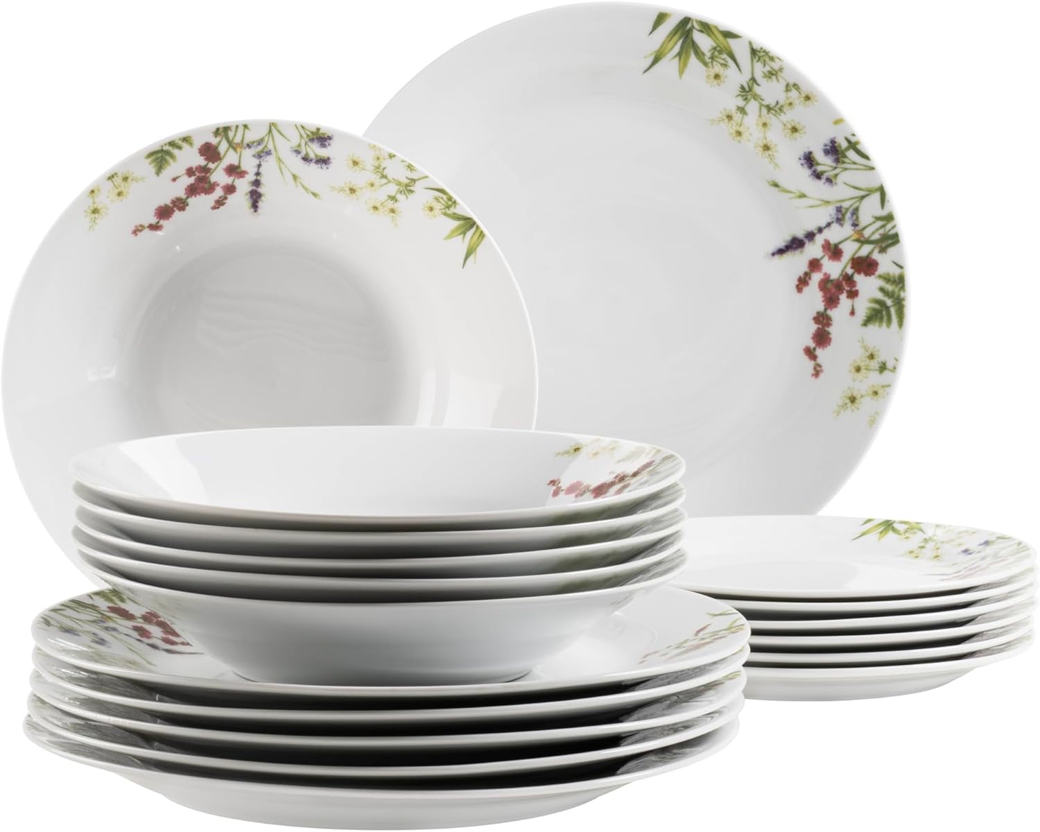Mäser Herbal Garden 4-osobowy 18-częściowy, szczegółowy zestaw obiadowy w kwiaty, zawierający talerze obiadowe, talerze do zupy i talerze deserowe, porcelana, biały