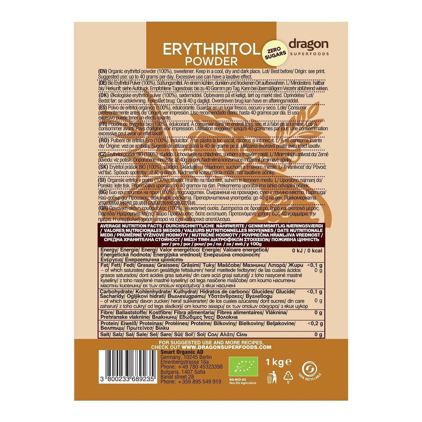Bio Erytryt - Proszek, 100% Bio, Wegański, Null Kalorien - 1Kg Słodziki Naty Shop