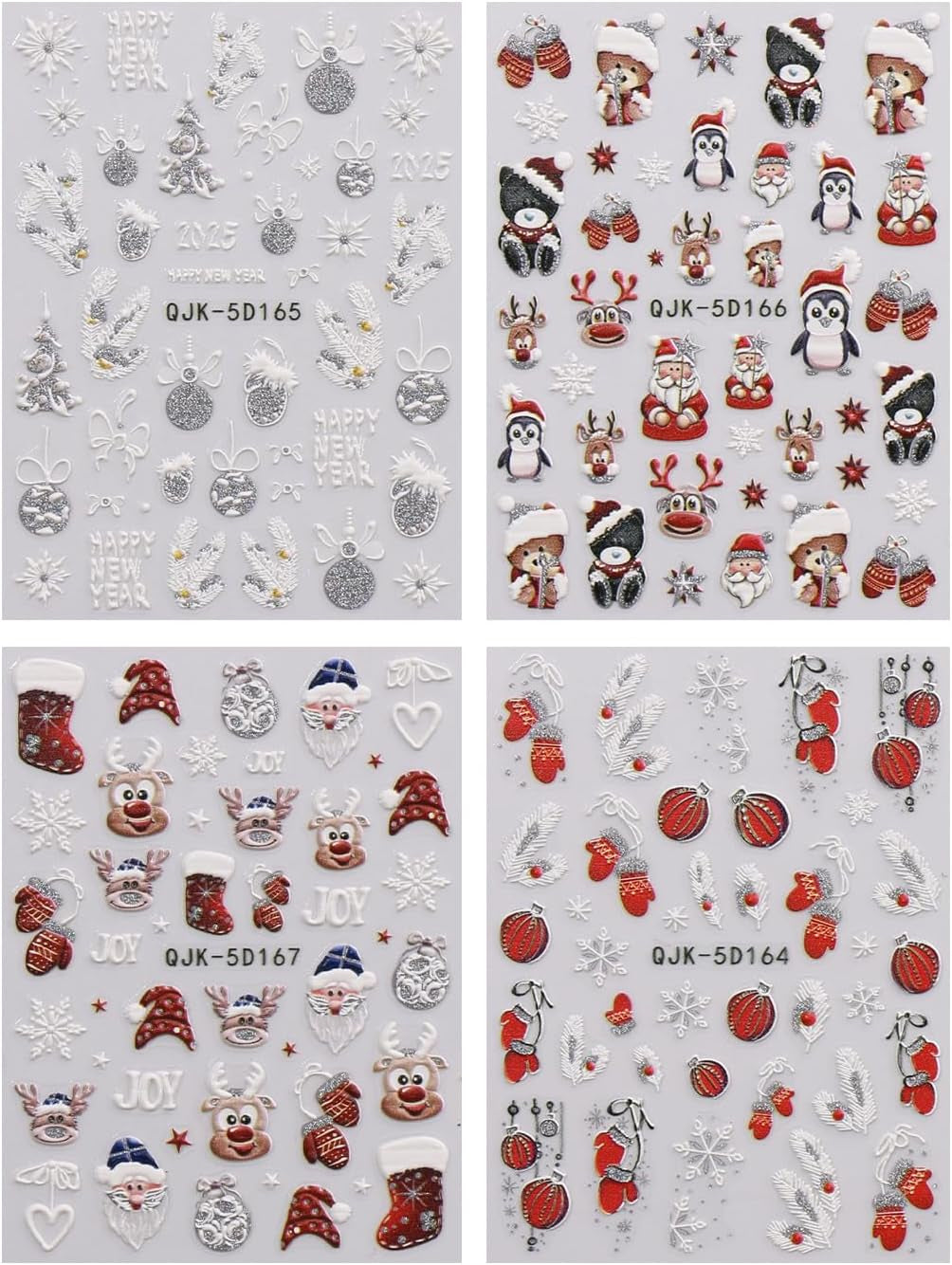 JMEOWIO 3D Nagelsticker Weihnachten Glitzer Nail Art Naklejka Selbstklebend Nagelaufkleber 5D Stereoskopisch Schneeflocke Winterurlaub Süß Dekoration Nageldesign Zubehör 4 Blatt