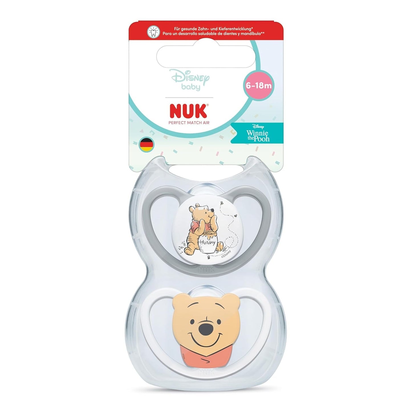 Smoczki NUK Perfect Match Air dla niemowląt | 6-18 miesięcy | Smoczki ortodontyczne, które wspomagają cyrkulację powietrza i zapobiegają wysypce spowodowanej śliną | 95% akceptacji przez dzieci** | Disney Kubuś Puchatek | Opakowanie 2