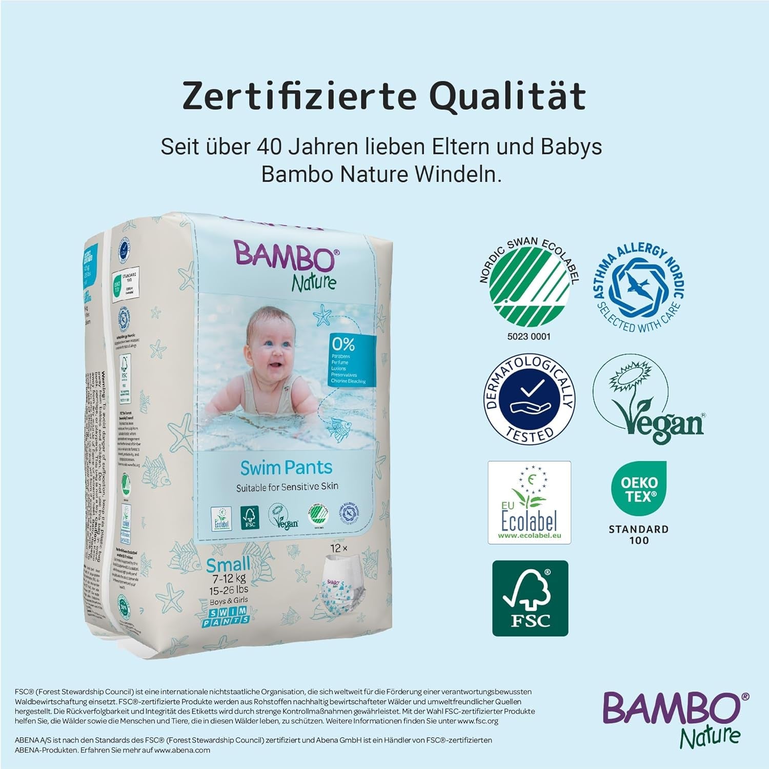 Pieluszki do pływania dla niemowląt Bambo Nature, rozmiar S (7-12kg), 12 pieluszek | Jednorazowe pieluchy do pływania Secure Fit | Wodoodporny komfort podczas zabaw w wodzie