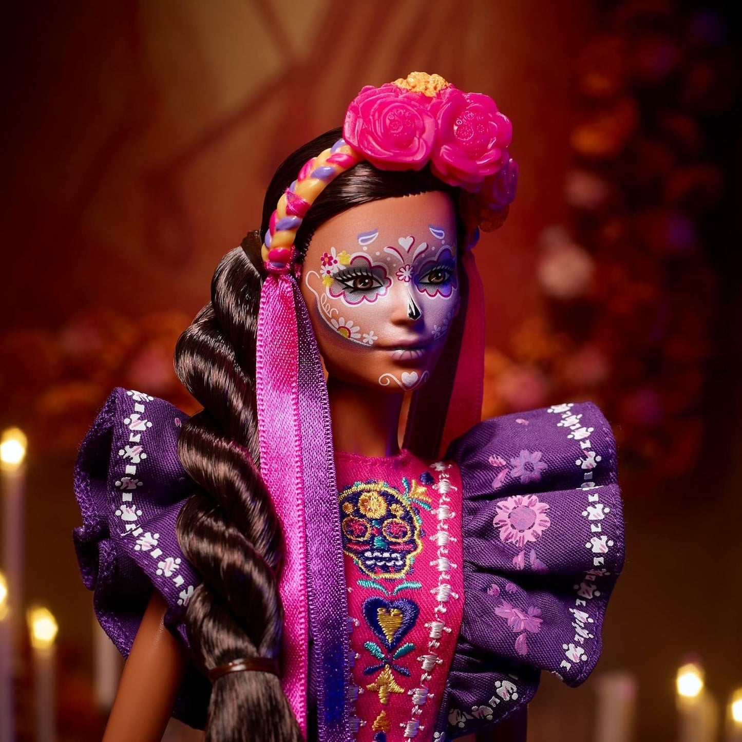 2022 Día De Muertos Lalka Barbie z marszczoną tradycyjną sukienką, wieńcem kwiatowym i farbą do twarzy Calavera, prezent dla kolekcjonerów
