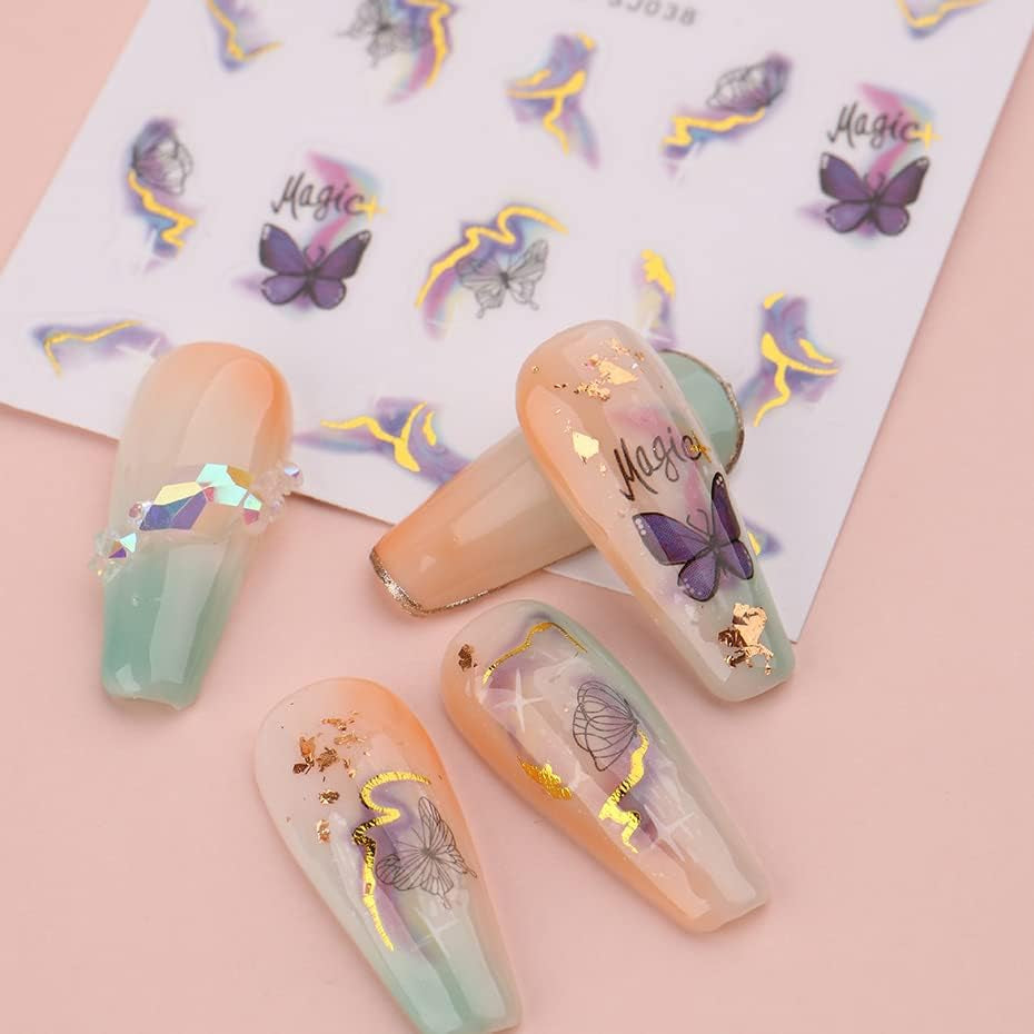 6 Blatt 3D Lila Schmetterling Nagelstickers Selbstklebend Nagelaufkleber Schmetterlinge Naklejka na paznokcie Bunte Blühen Marmor Nagel Naklejki Regenbogen Welle Linien Nail Art Aufkleber Nageldesign Zubehör