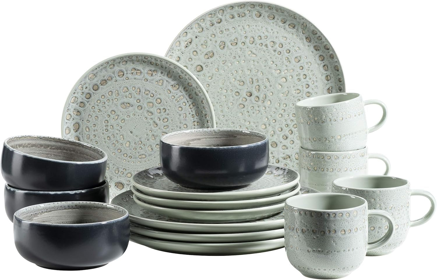MĘSER 931744 Seria Spicy Market, ręcznie malowany zestaw obiadowy dla 4 osób w śródziemnomorskim stylu vintage, 16-częściowy zestaw ceramiczny, zielony, kamionka