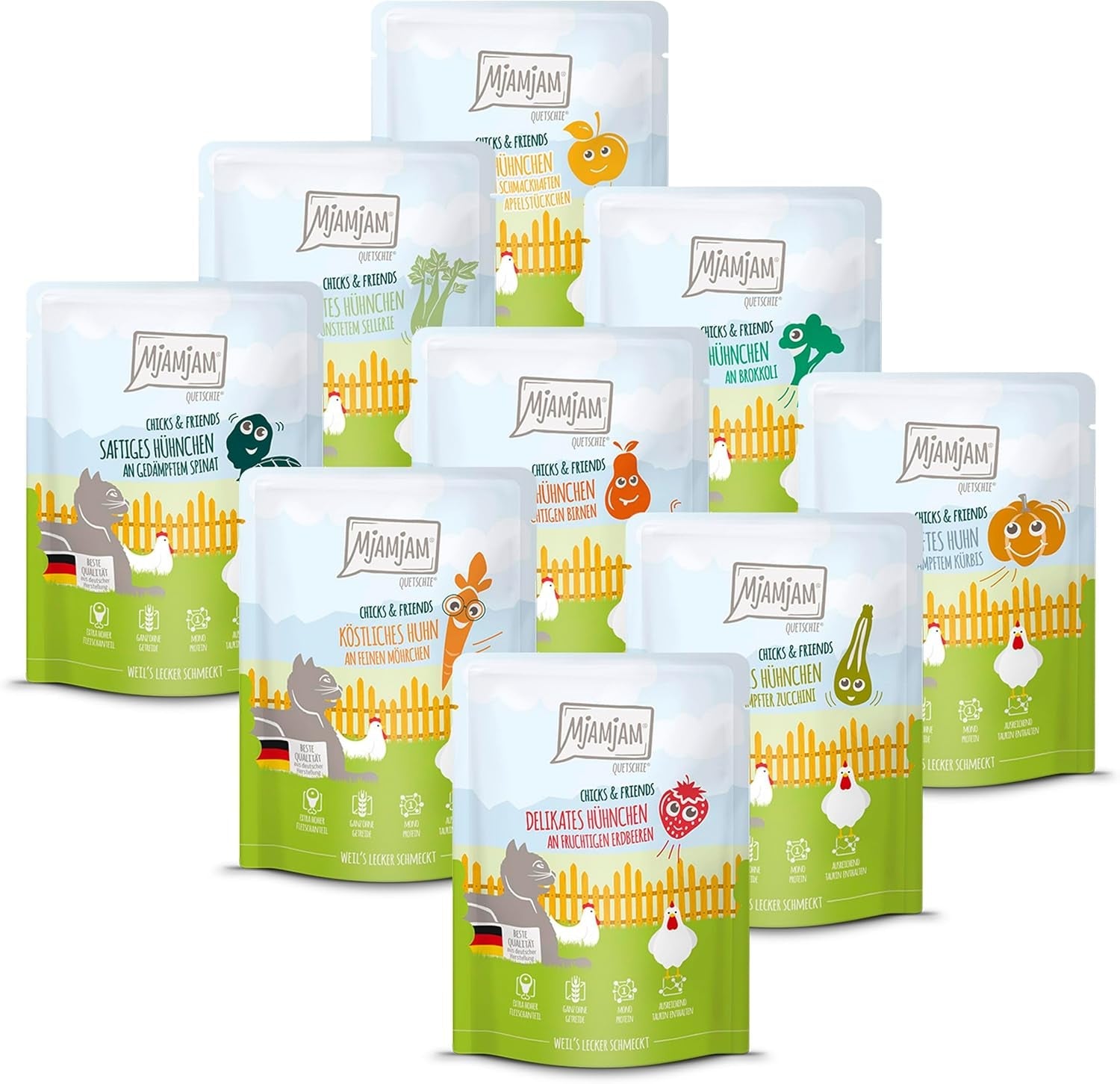 MjAMjAM - Premium Nassfutter für Katzen - Pudełko Chicks & Friends, pakiet 9 sztuk (9 x 300 g), getreidefrei mit extra Fleisch