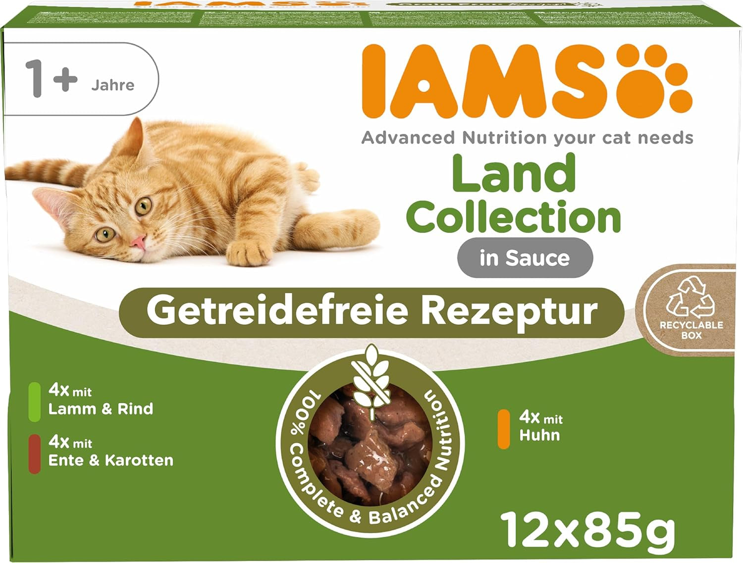 IAMS Delights Land Collection Bezzbożowa mokra karma dla kotów - Mięsne opakowanie różnorodne Mokra karma bezzbożowa dla kotów w wieku 1 roku i starszych 12 x 85 g