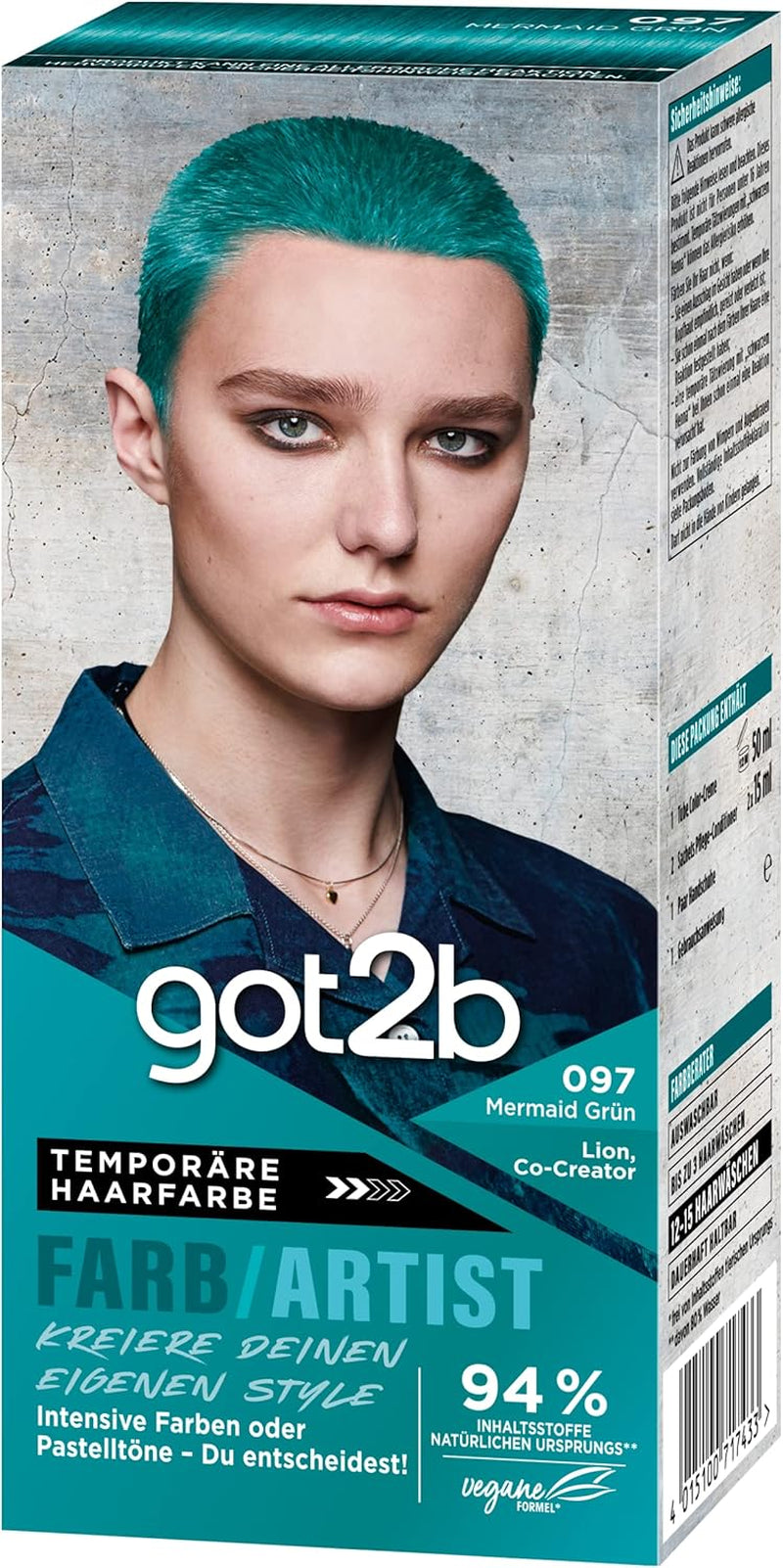 got2b Colour/Artist 097 Mermaid Green Level 2 (3x 80 ml), tymczasowa farba do włosów nadaje włosom połysk w intensywnych kolorach lub pastelowych odcieniach, farba utrzymuje się 12-15 myć, formuła wegańska Farba do włosów Naty Shop