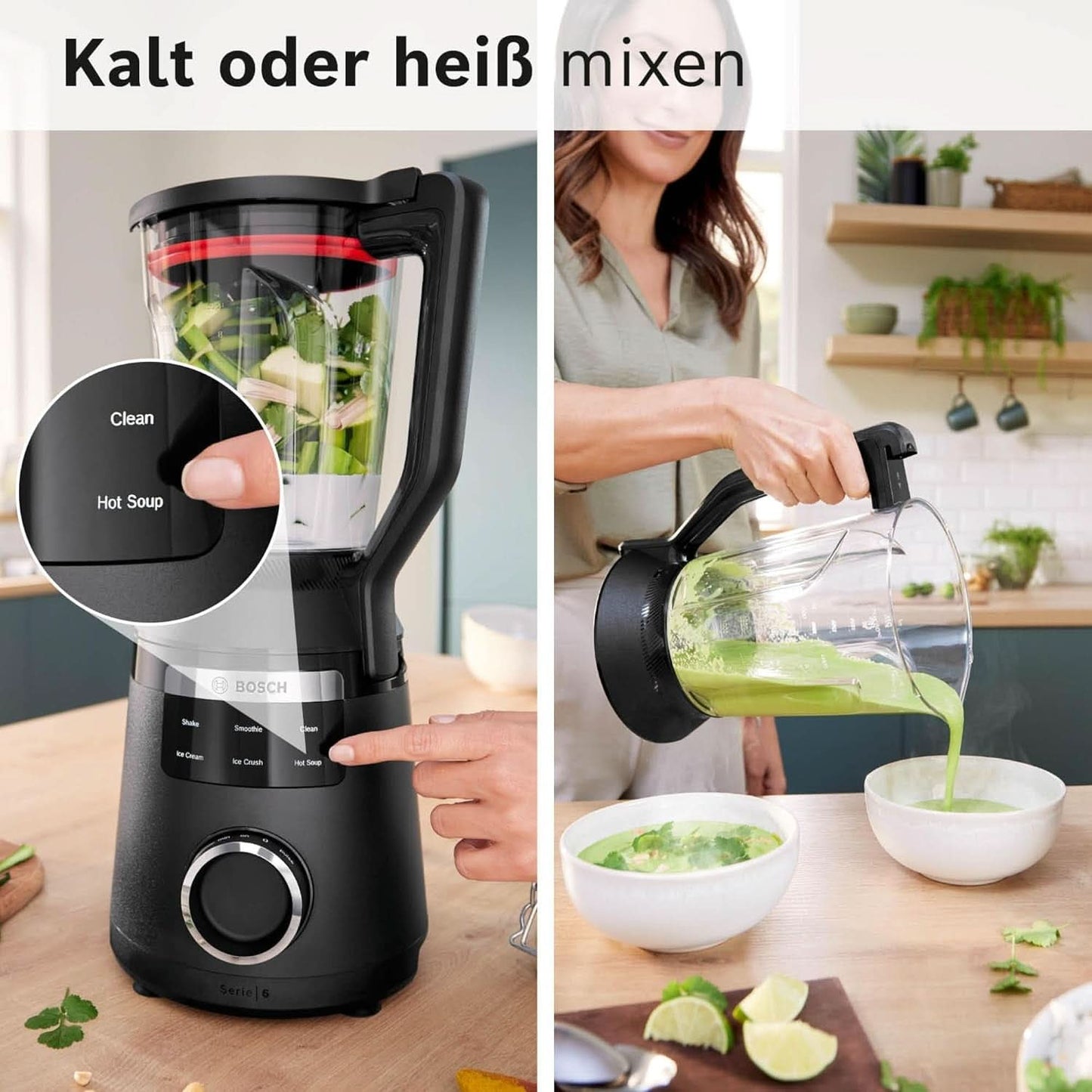 Mikser stojący szybkoobrotowy Vitapower Serie 6 MMBD665B1, 45 000 obr./min, 6 programów Inkl Heiße Suppe & Reinigung, 2 l Mixbehälter, Stopfer, Spülmaschinenfeste Teile, Made in Europe, 1800 W, Schwarz Kitchen Naty Shop