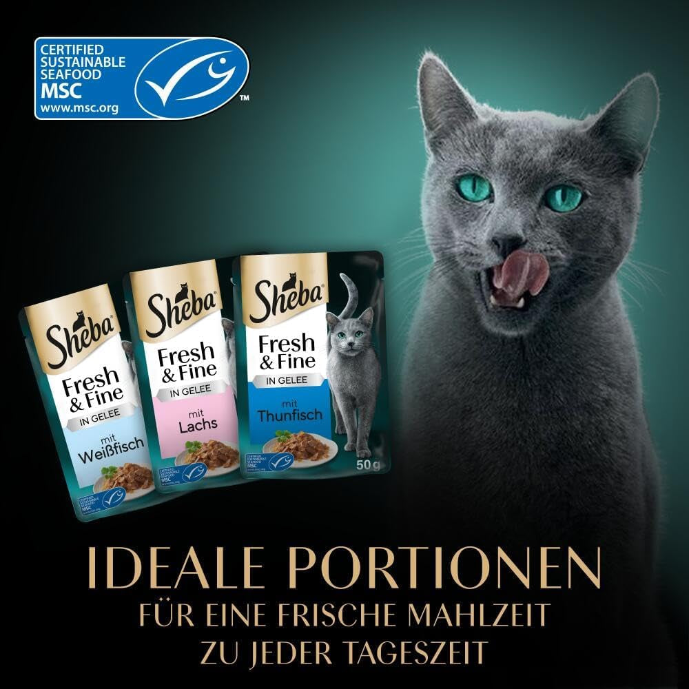 Sheba Portion Pouches Mokra karma dla kotów Multipack Fresh & Fine w galarecie z tuńczykiem i łososiem MSC, 6x6x50g - Zdrowe posiłki dla kotów z galaretką