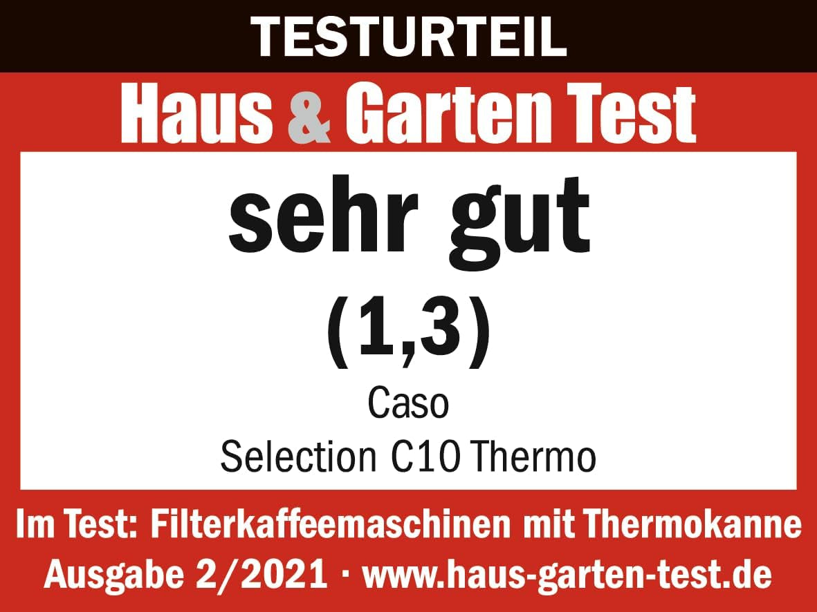 Ekspres do kawy CASO Selection C 10 Thermo Design – obudowa ze stali nierdzewnej, karafka izotermiczna 1,2 l (10 filiżanek), sterowanie dotykowe i timer, funkcja Aroma PLUS, filtr stały, filtr zapobiegający kapaniu