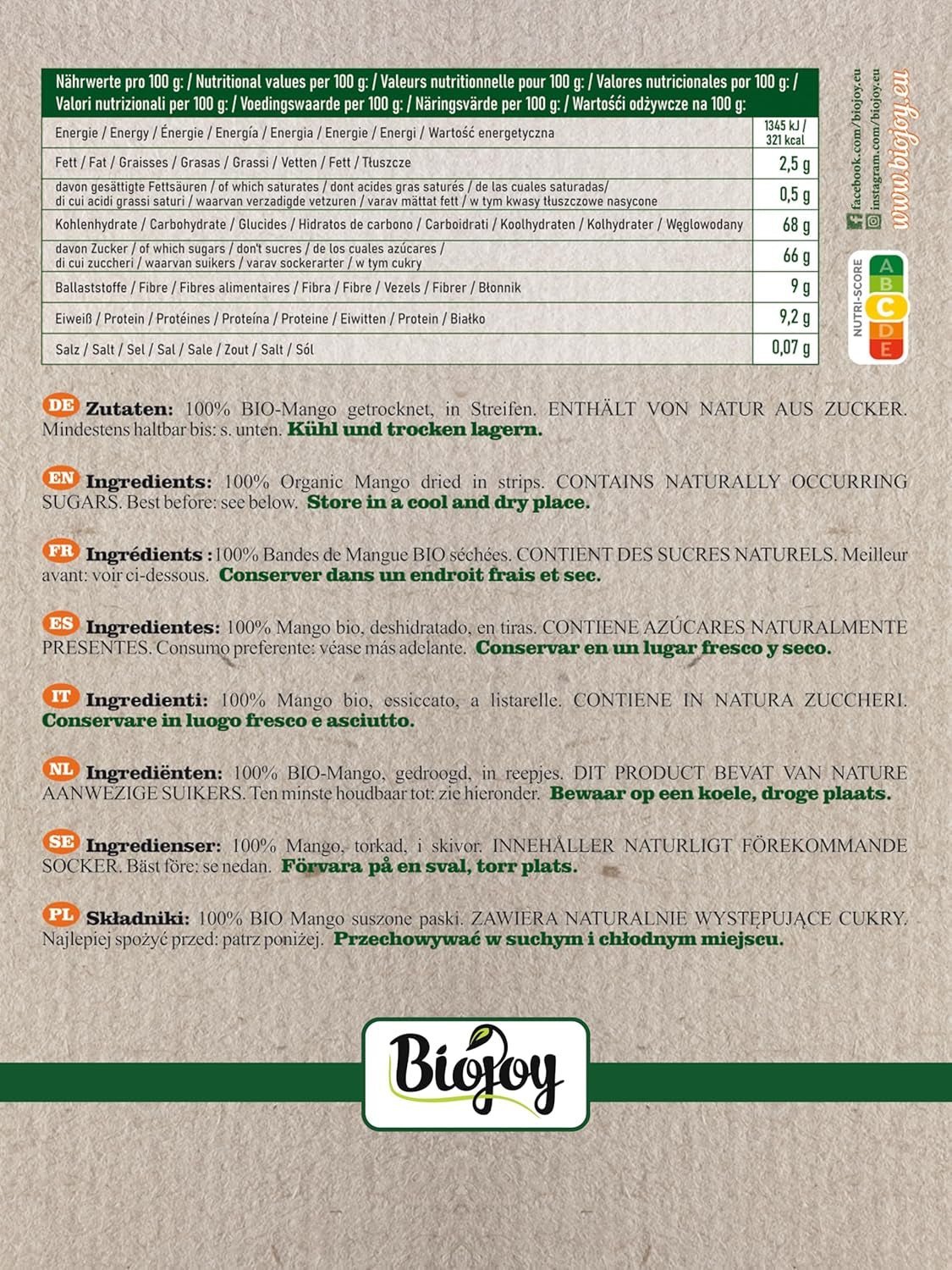 Biojoy BIO suszone mango (1kg), produkty suszone niesiarkowane Naty Shop