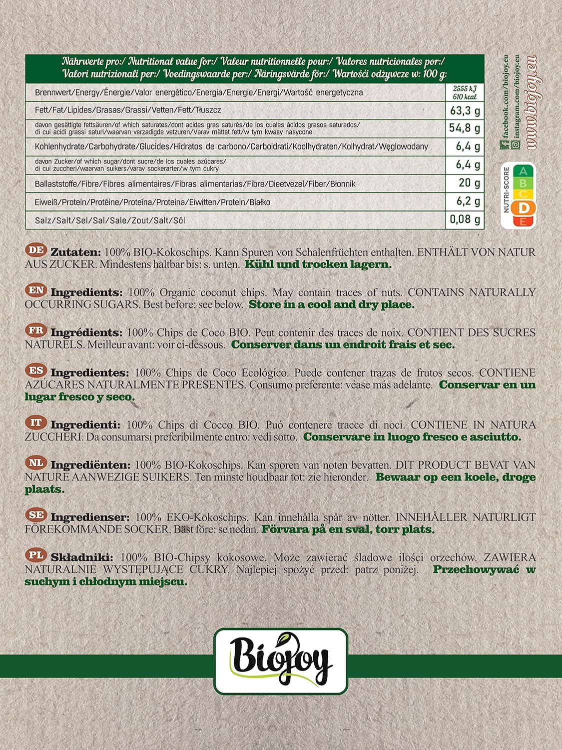 Biojoy Organiczne suszone chipsy kokosowe (1kg), niesłodzone i niesmażone Produkty suszone Naty Shop