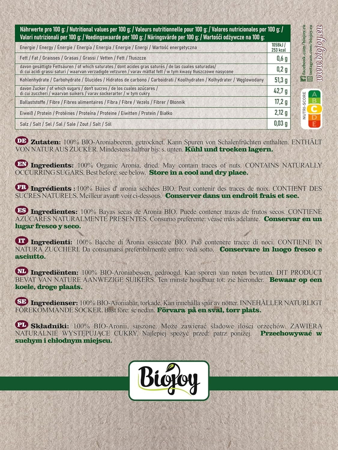 Biojoy organiczne owoce aronii (1kg), suszone i całe (Aronia melanocarpa) Produkty suszone Naty Shop
