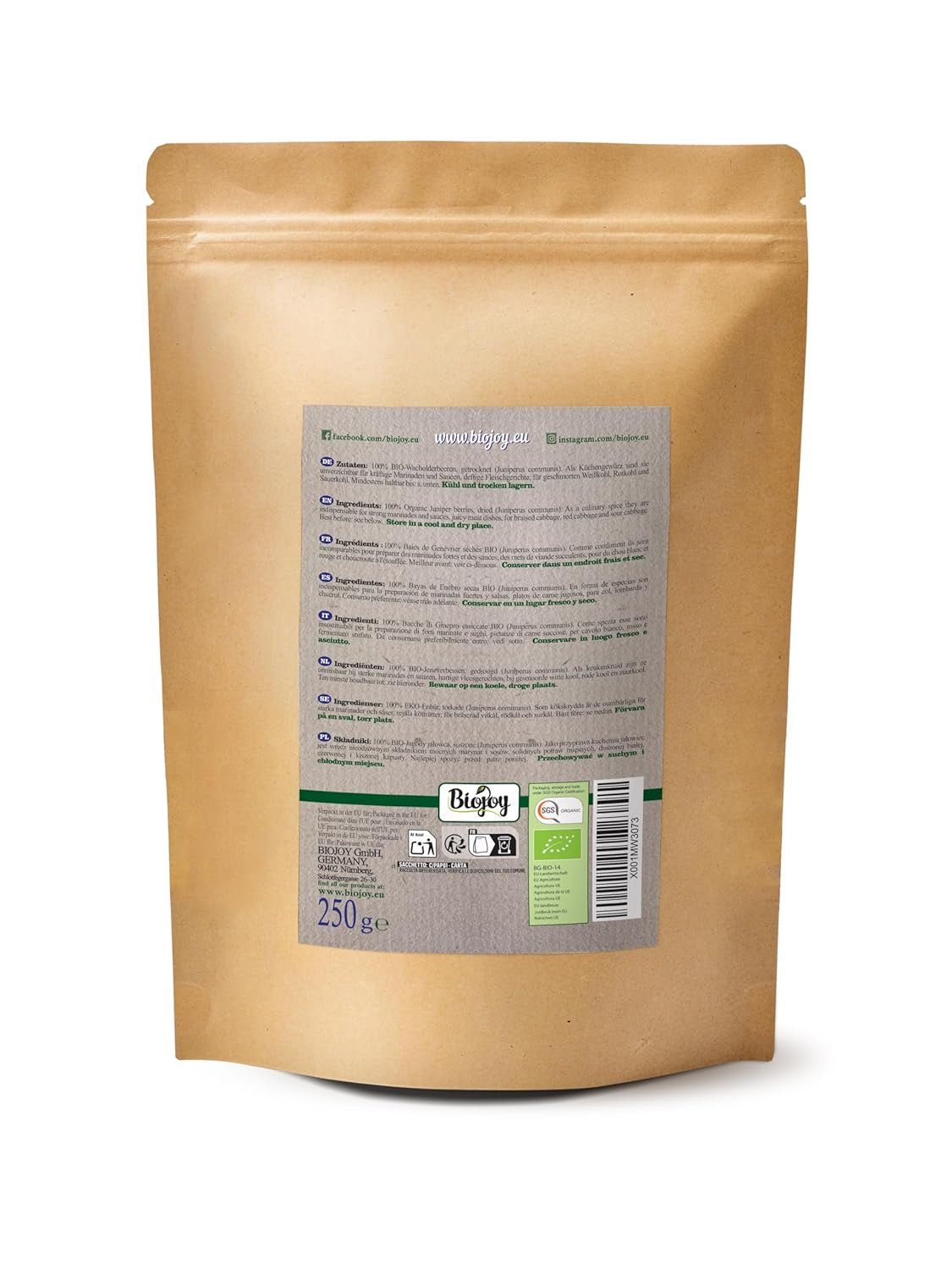 Biojoy Organiczny owoc jałowca (250 g), suszony i cały, bez dodatków (Juniperus communis) Produkty suszone Naty Shop